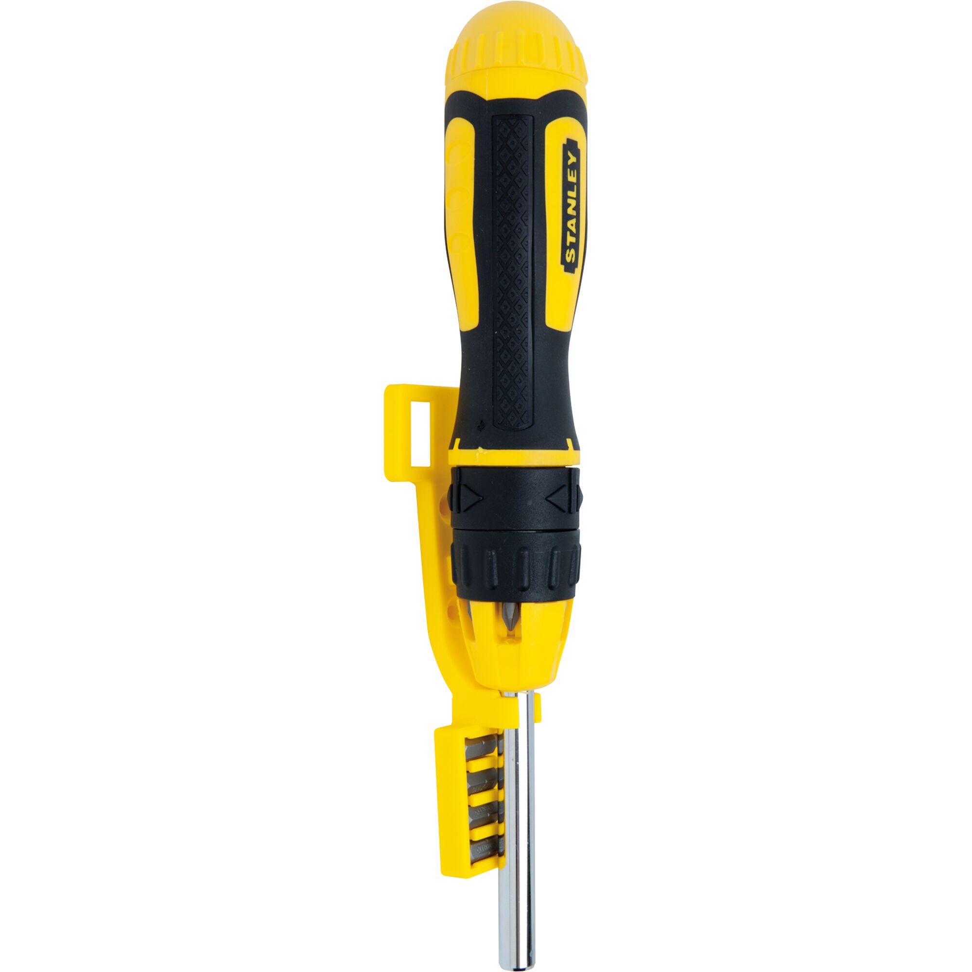 Stanley multi-bit screwdriver front angle, yellow and black handle, visible bit storage on white background