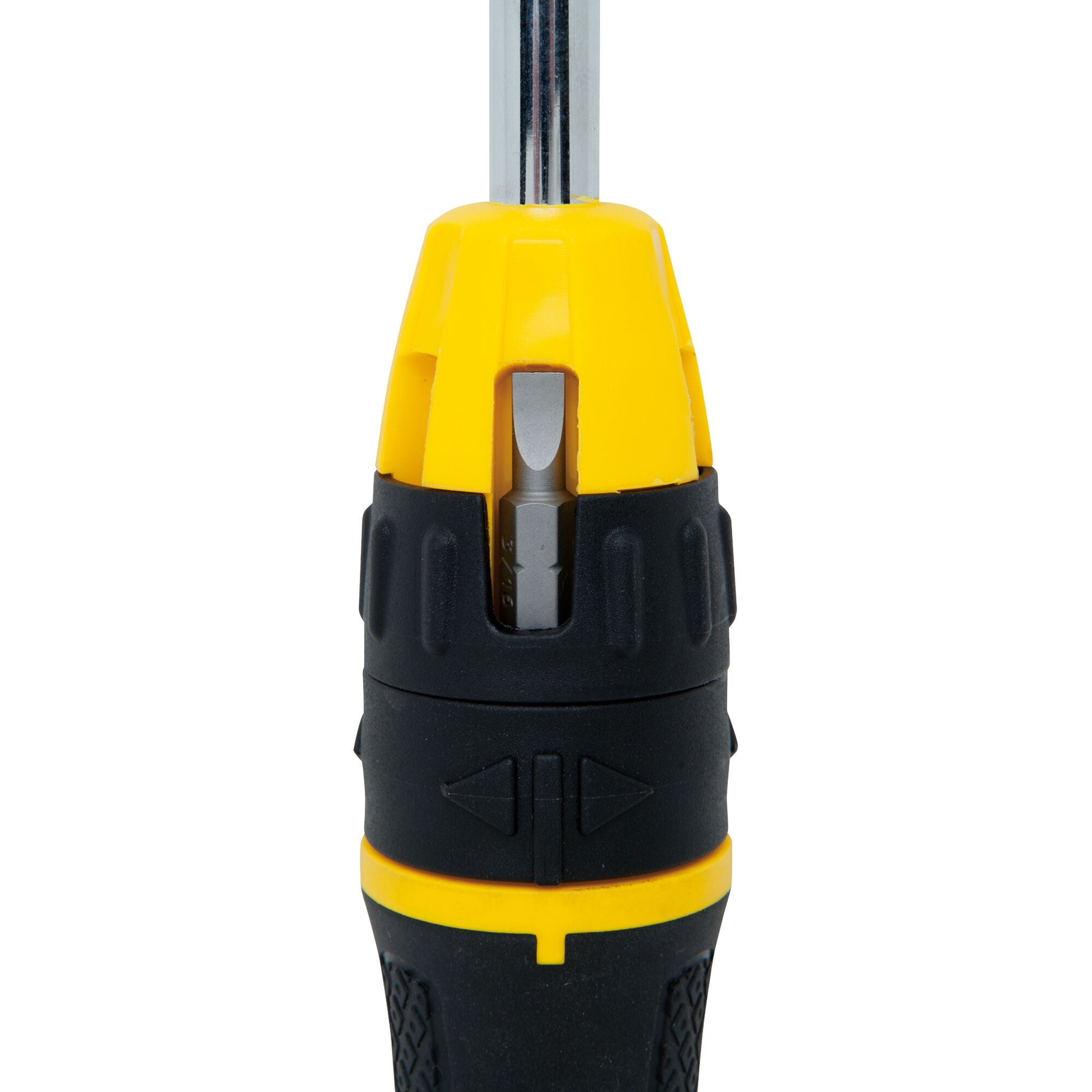 STANLEY 68-010 screwdriver handle with yellow and black grip, close-up showing bit storage, front view.