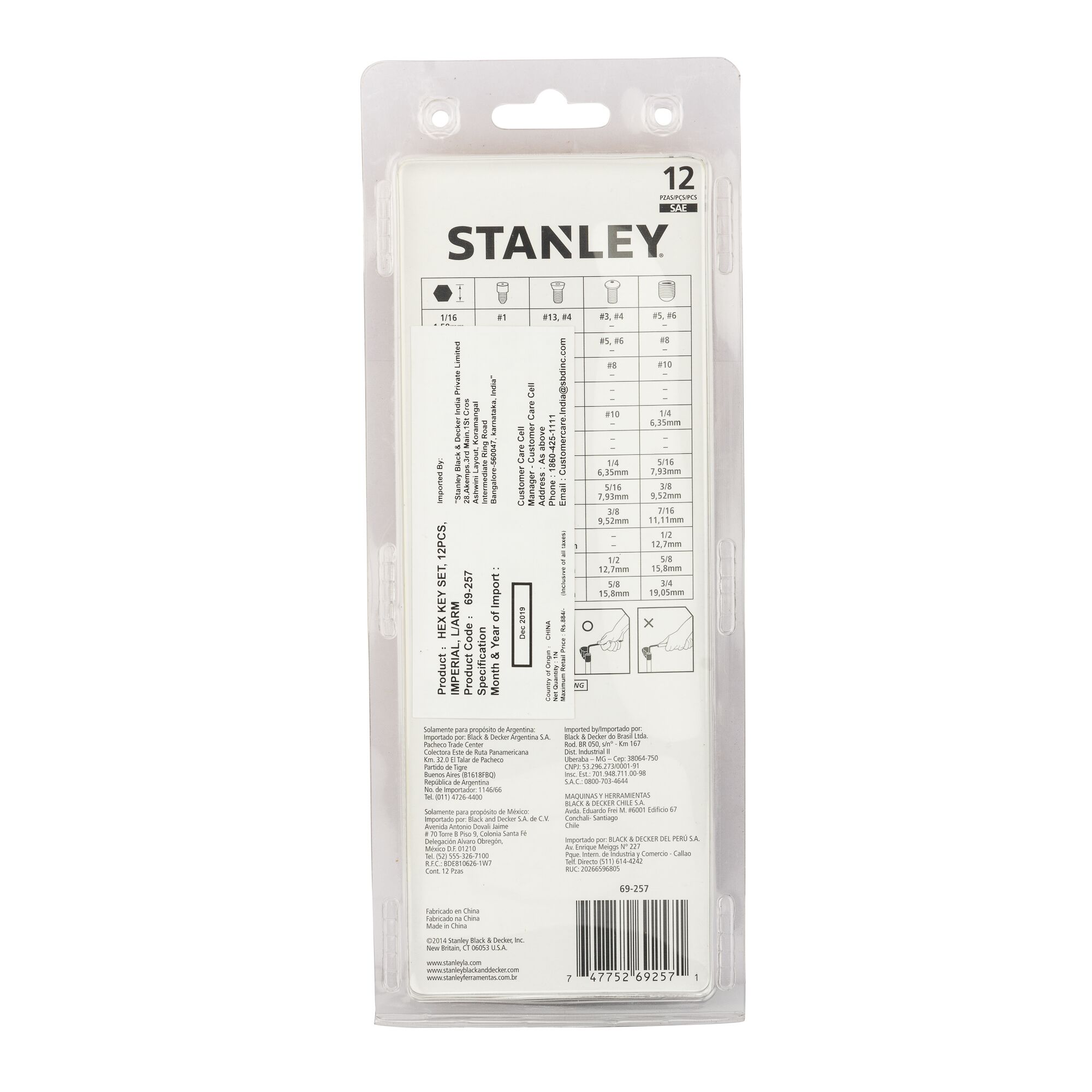 Set Kunci Hex, 12 Buah, Imperial, L/Lengan