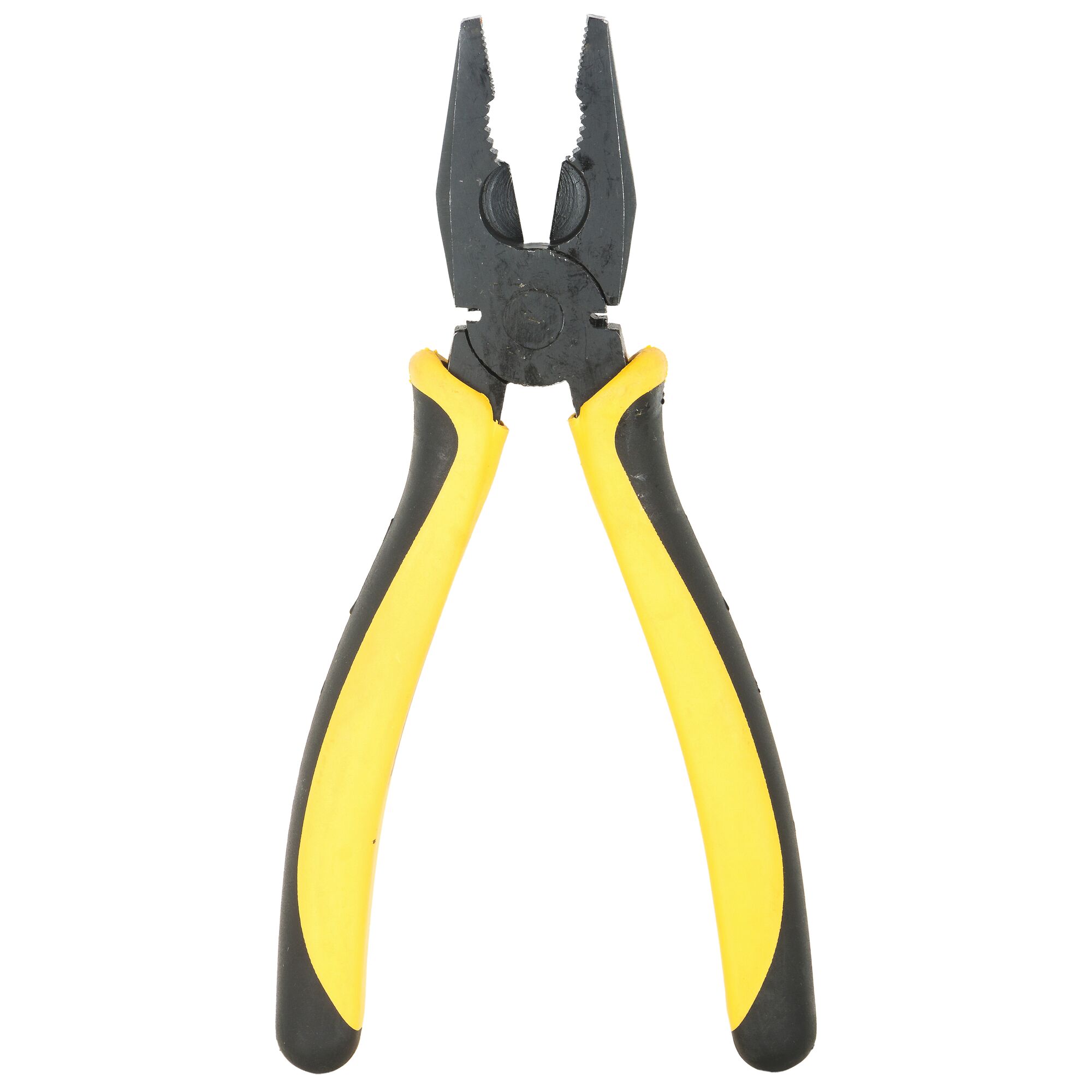 STANLEY 70-482 combination pliers with black and yellow handles, front angle on white background.