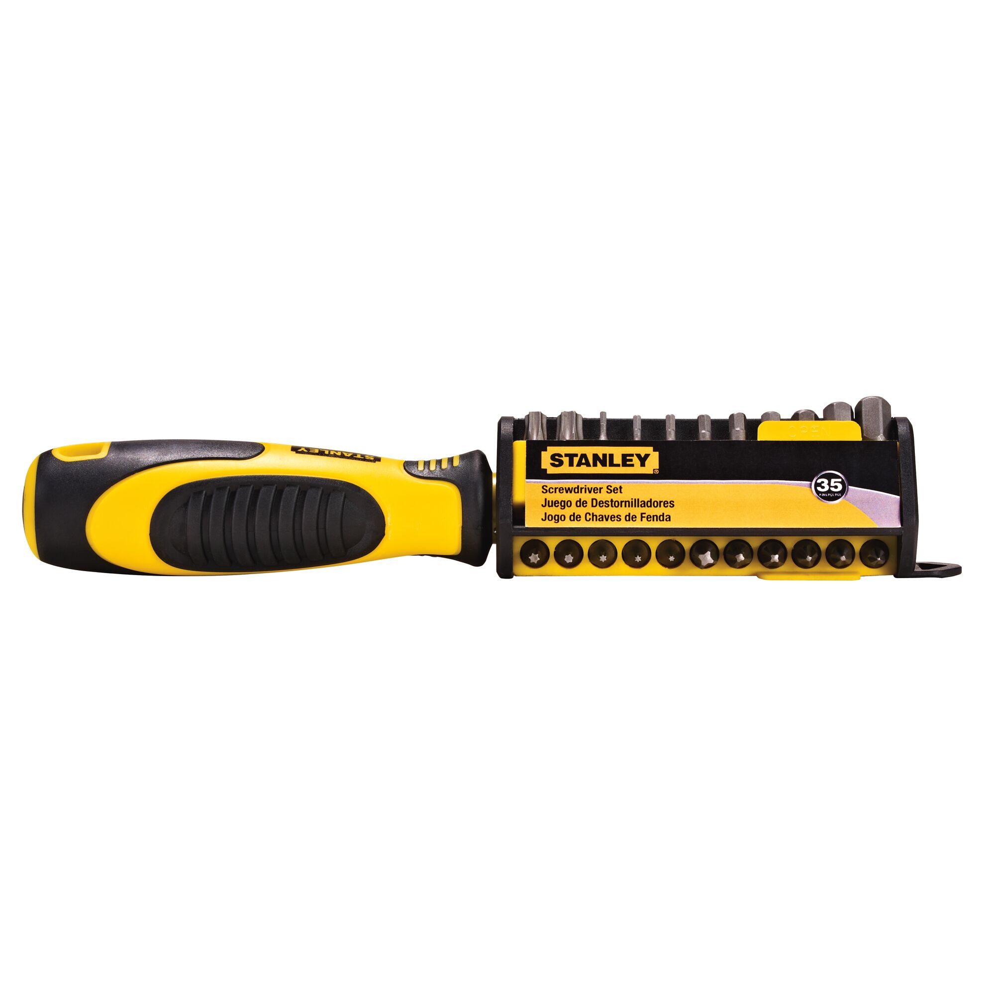 STANLEY 70-885 screwdriver set, yellow and black handle with 35 assorted bits, product side view on white background.