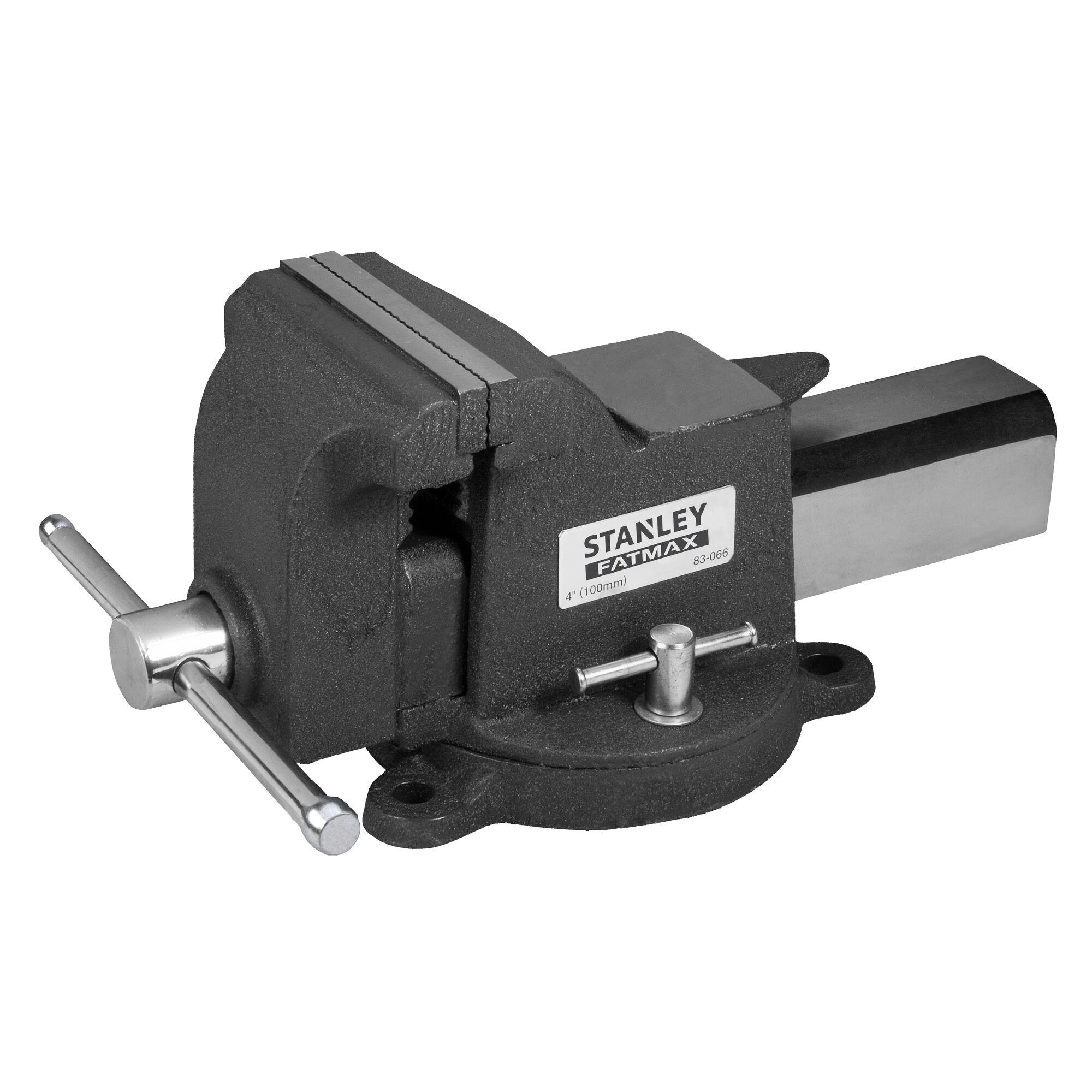 STANLEY 83-066 bench vise, black and silver, side angle on white background.