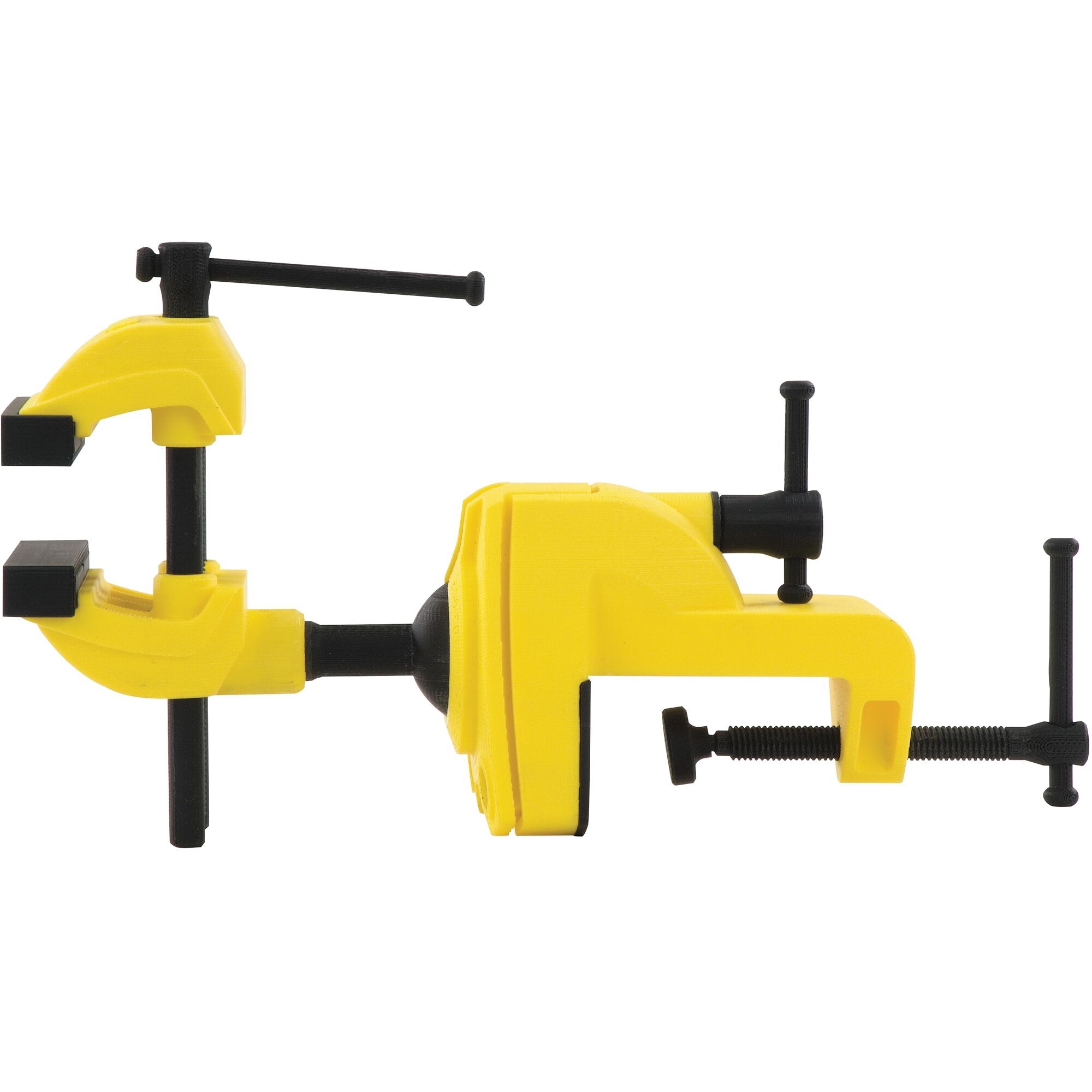 Stanley yellow and black table vise side view on white background, adjustable clamp for securing workpieces