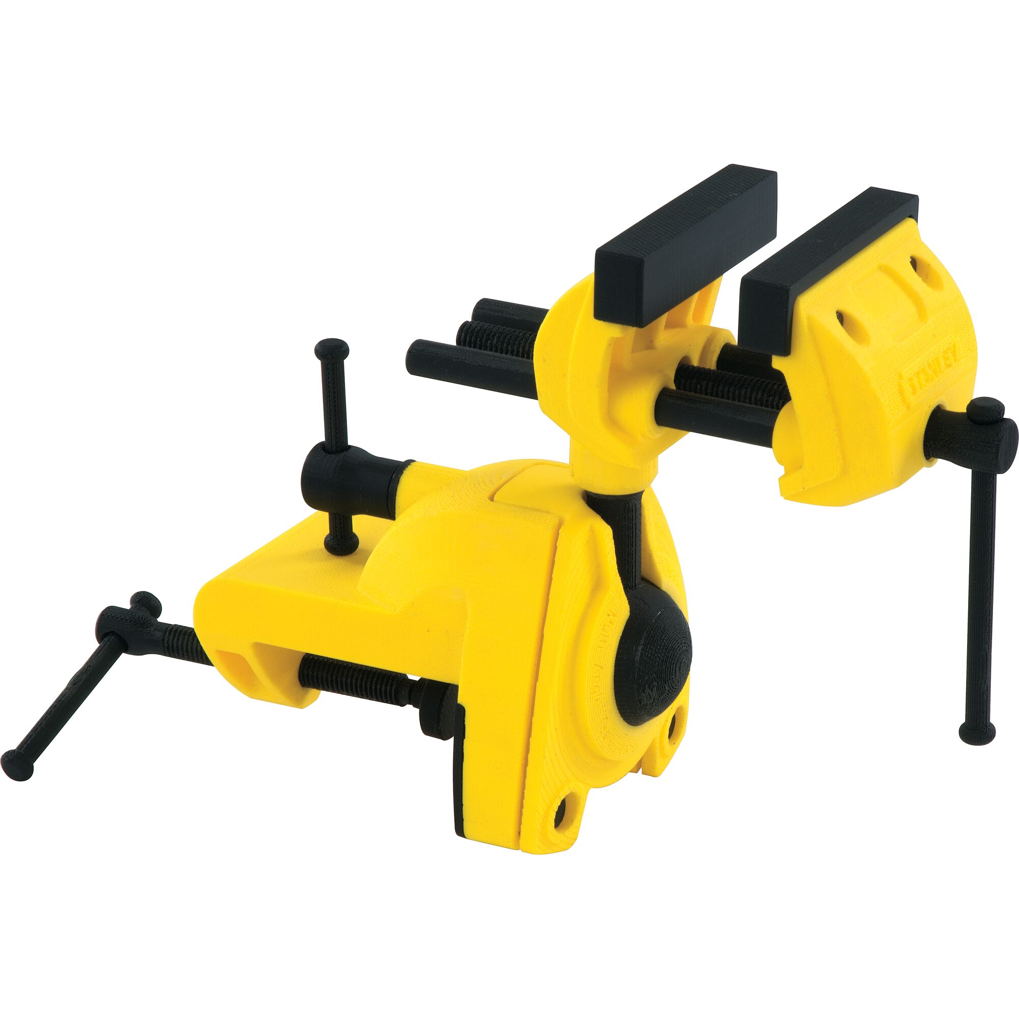 STANLEY 83-069 photography of yellow adjustable bench vise, side angle on white background