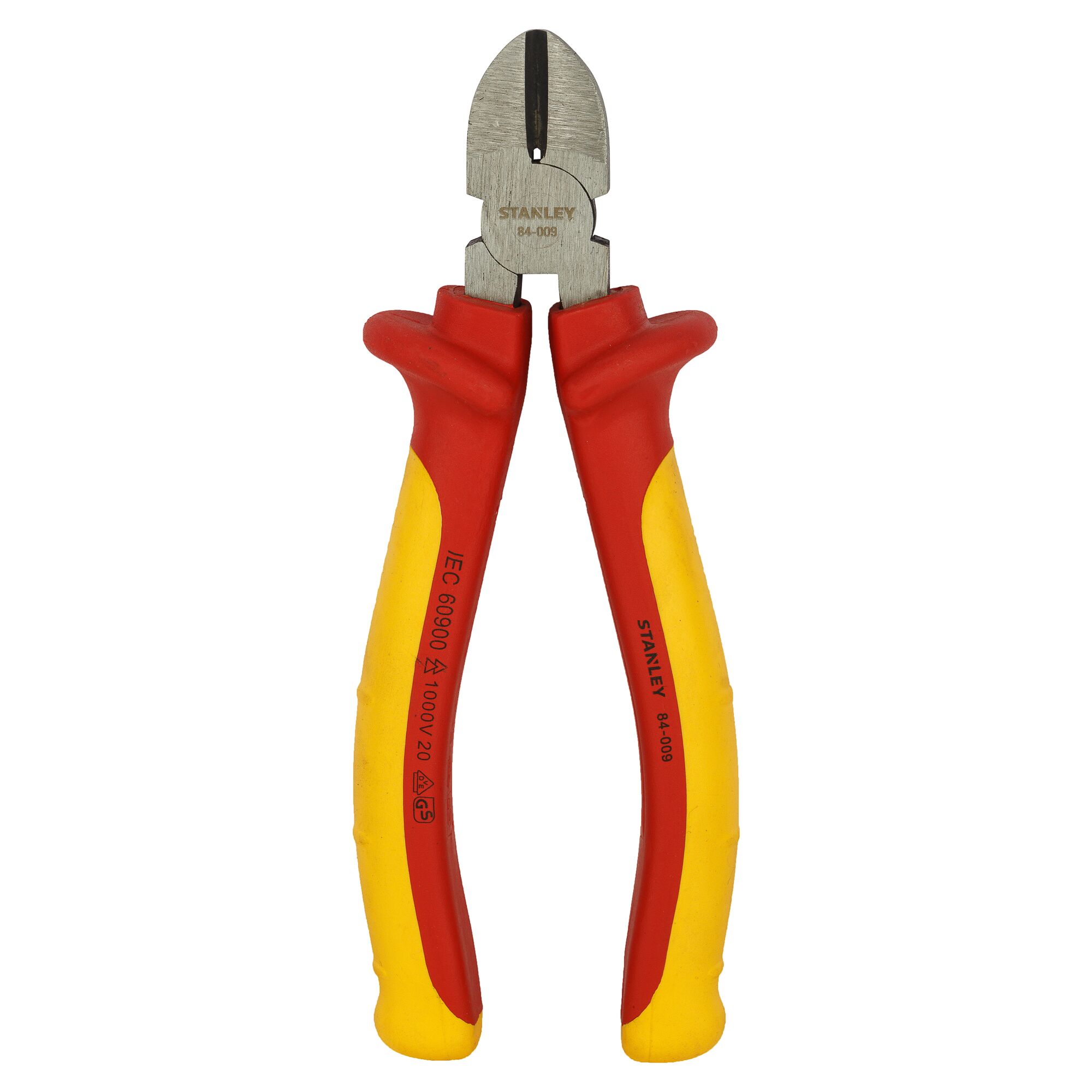 STANLEY 84-011 insulated diagonal cutting pliers, red and yellow handles, front angle photo.