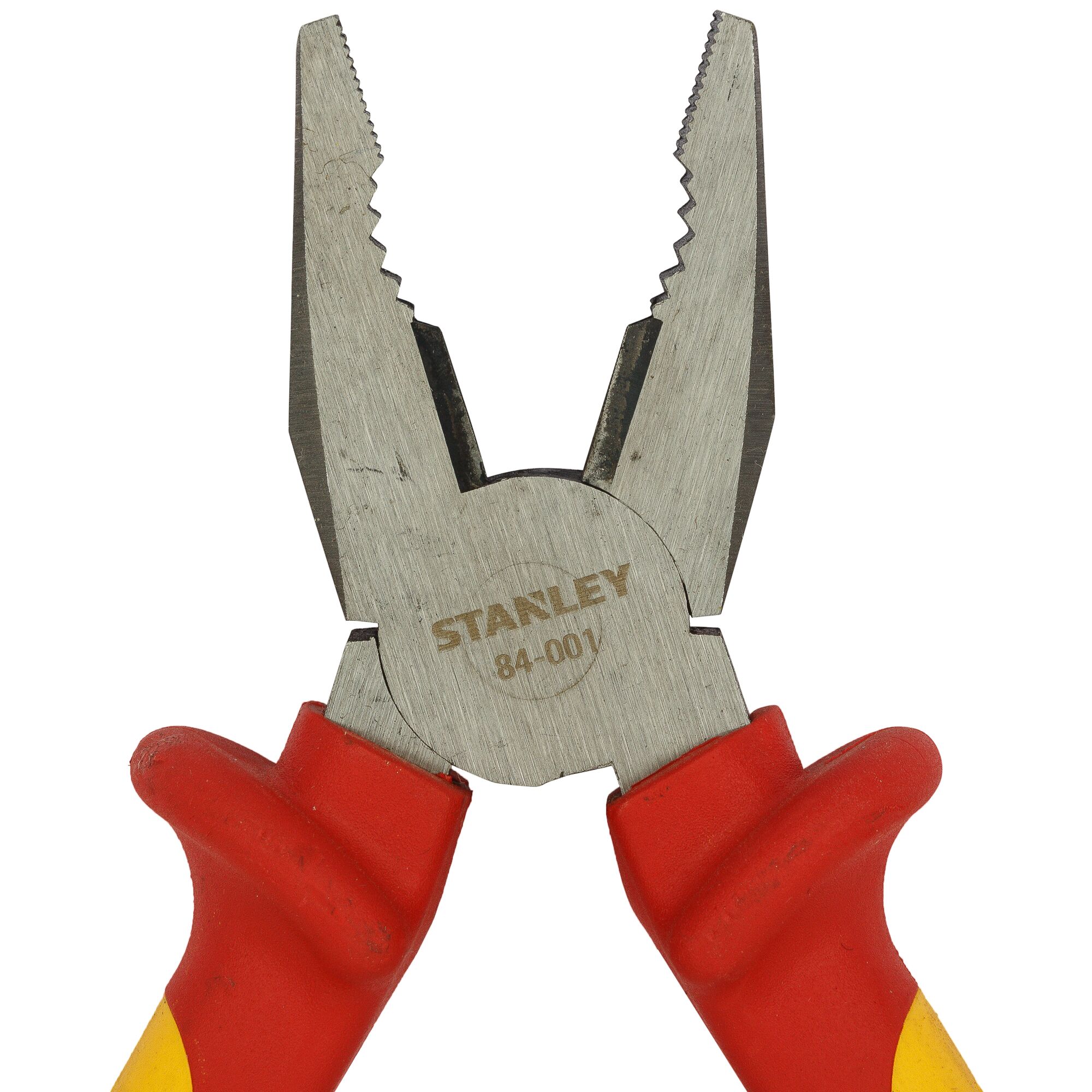 STANLEY 84-011 combination pliers with red and yellow insulated handles, close-up on white background.