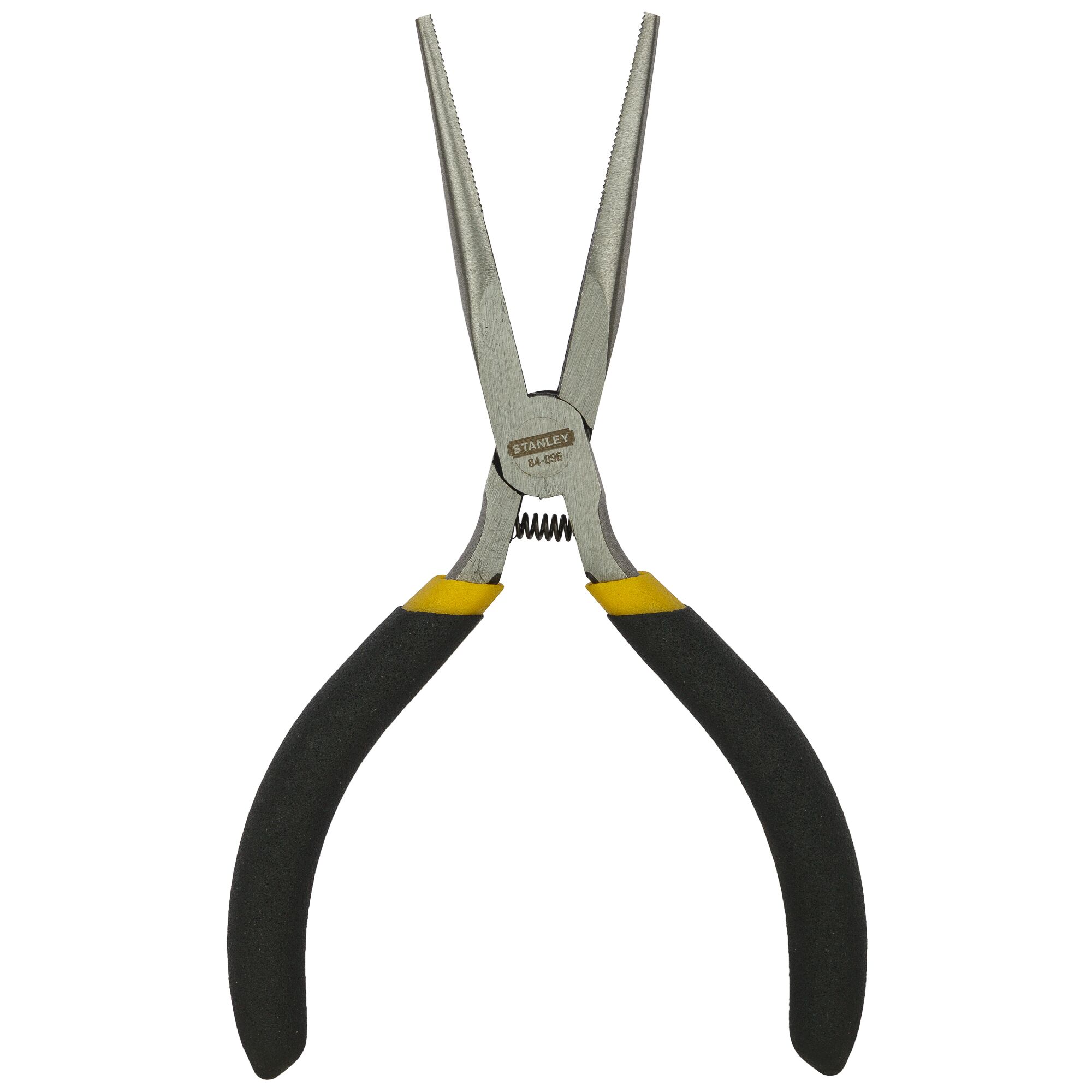 Stanley 84-096-23 long nose pliers, black and yellow handles, front angle on white background.
