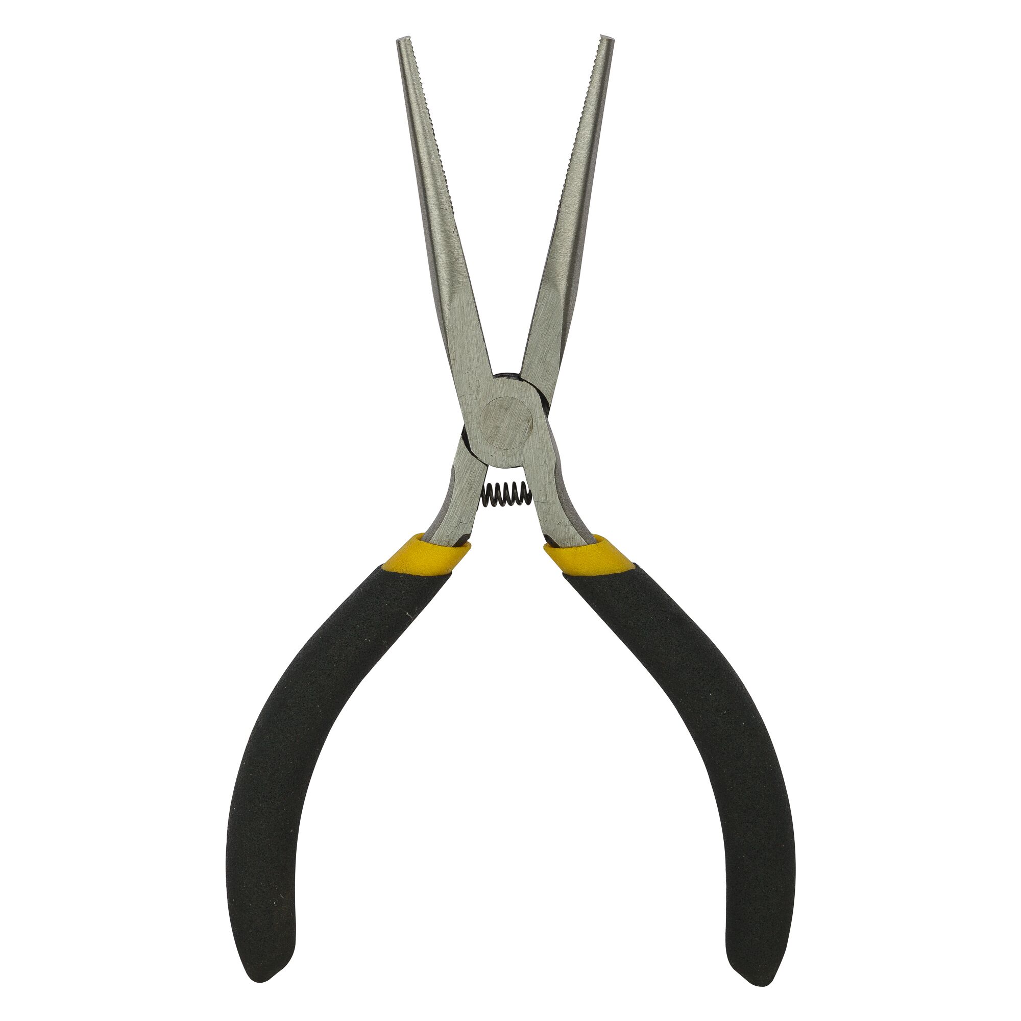 STANLEY 84-096-23 long nose pliers with black and yellow handles, front view, white background.