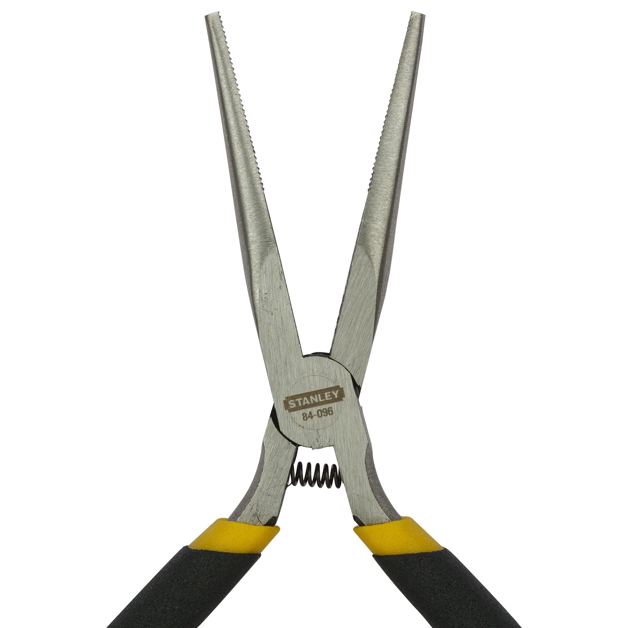 STANLEY 84-096-23 long nose pliers with black and yellow handles, front angle on white background.