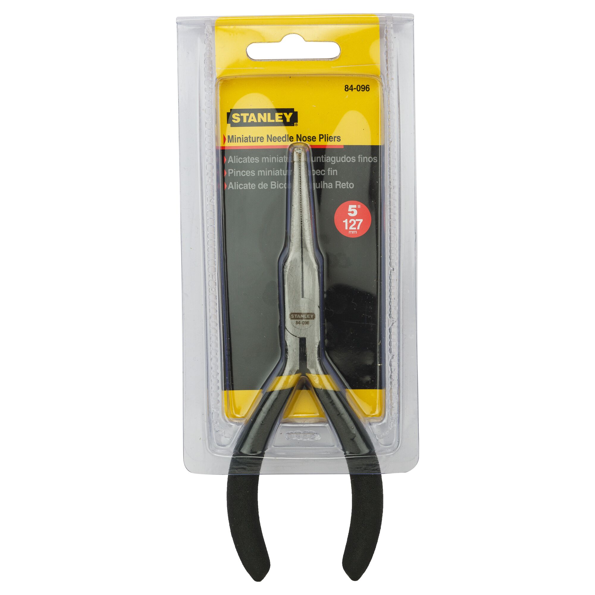 Stanley 84-096 miniature needle nose pliers in retail packaging, black handles, front angle.