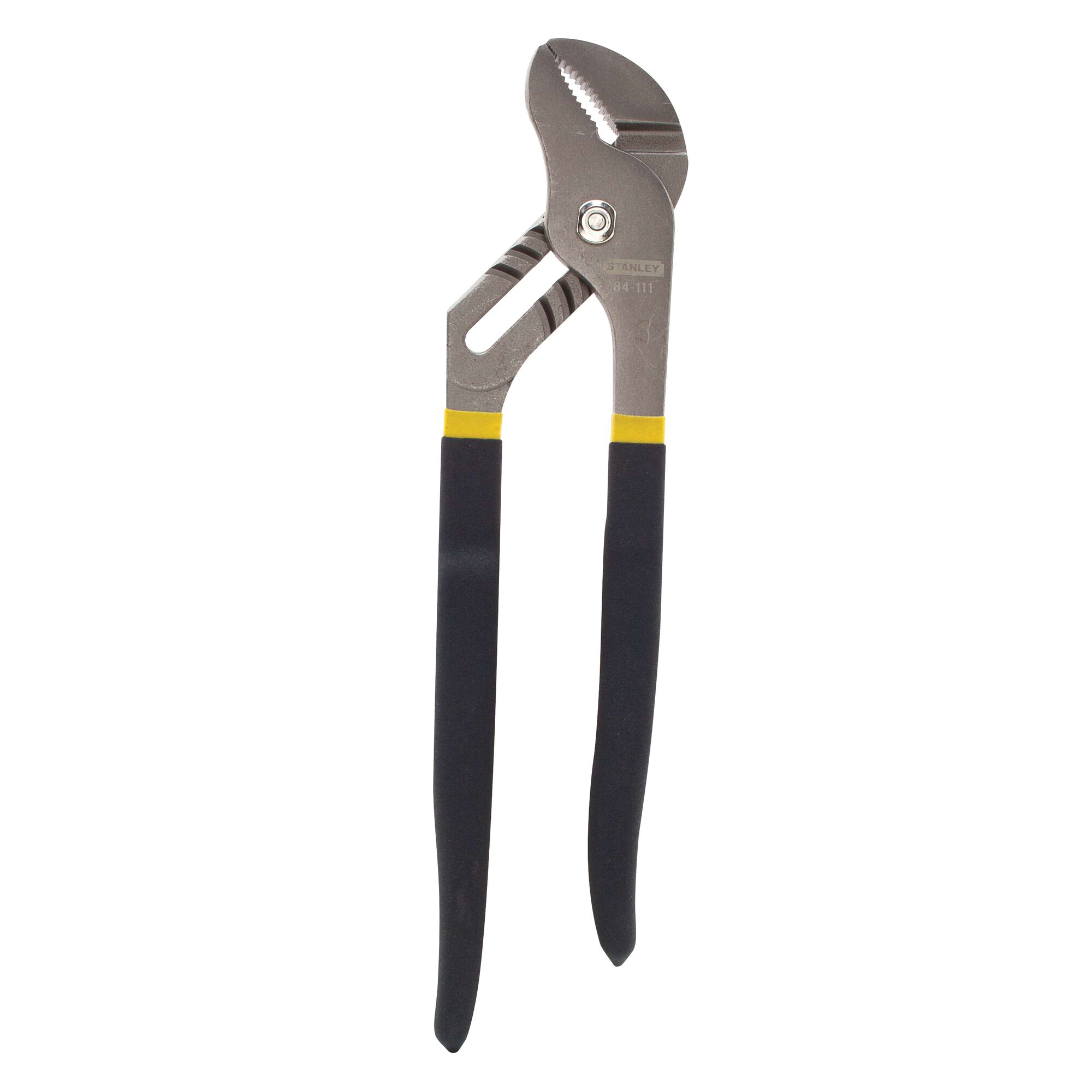 Stanley groove joint pliers front view with black cushioned handles and serrated jaws on white background