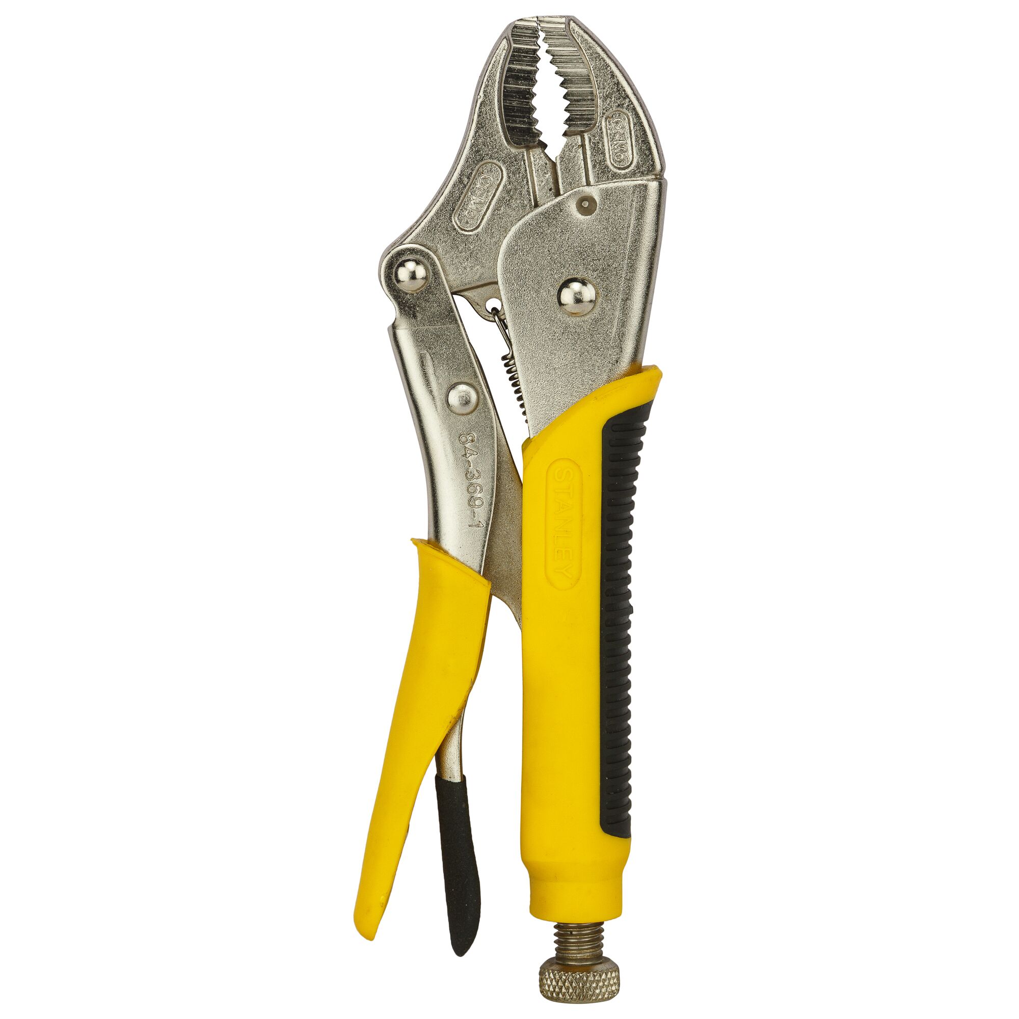 Stanley locking pliers with yellow and black handle, adjustable grip, used for holding or turning objects.