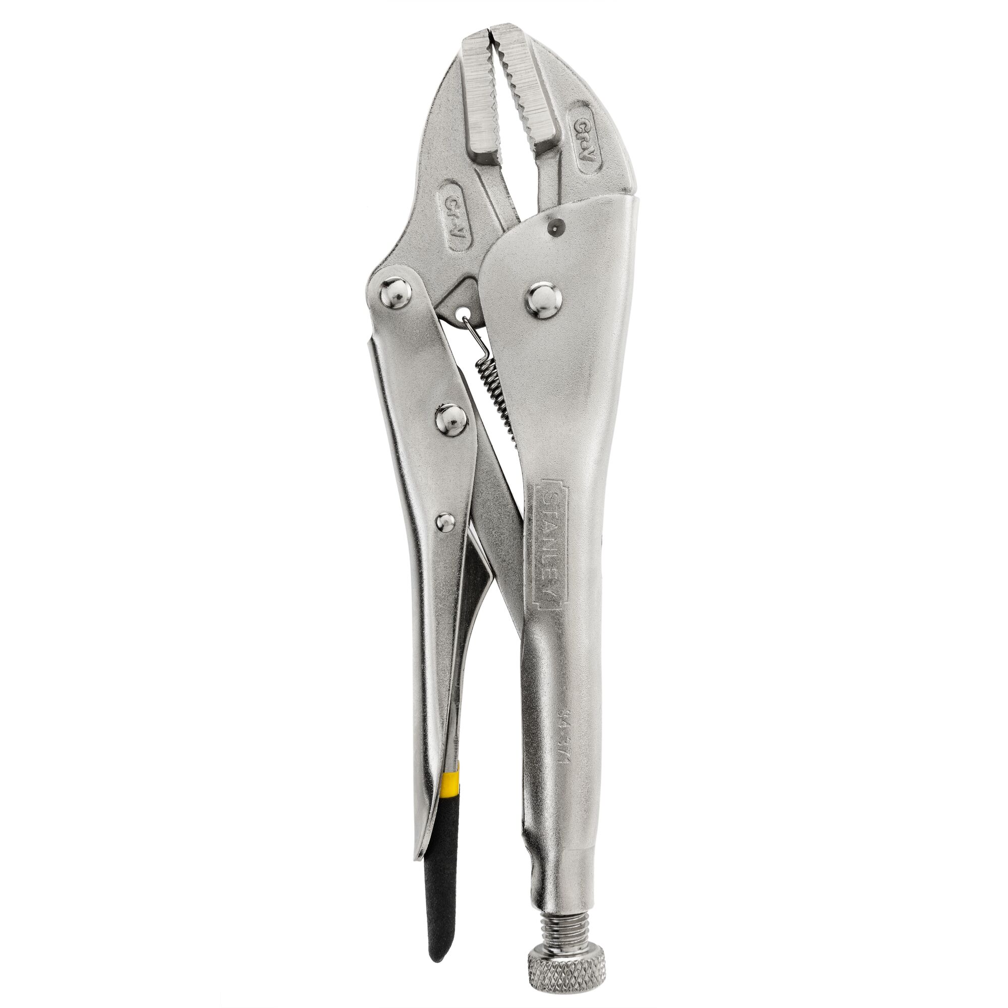 STANLEY 1-84-371-KR 10-inch straight jaw locking pliers, silver metal, front view on retail packaging.