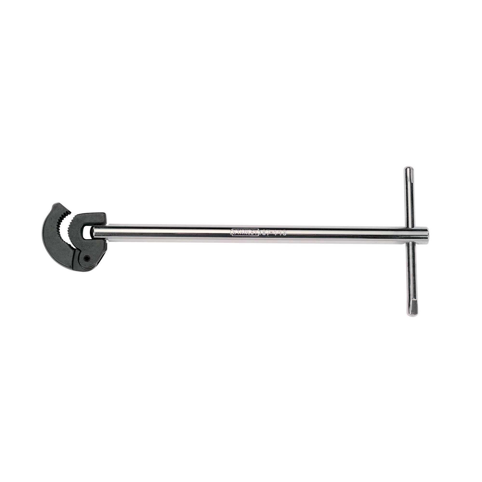 STANLEY 87-448 steel pipe wrench, photography, side angle on white background.