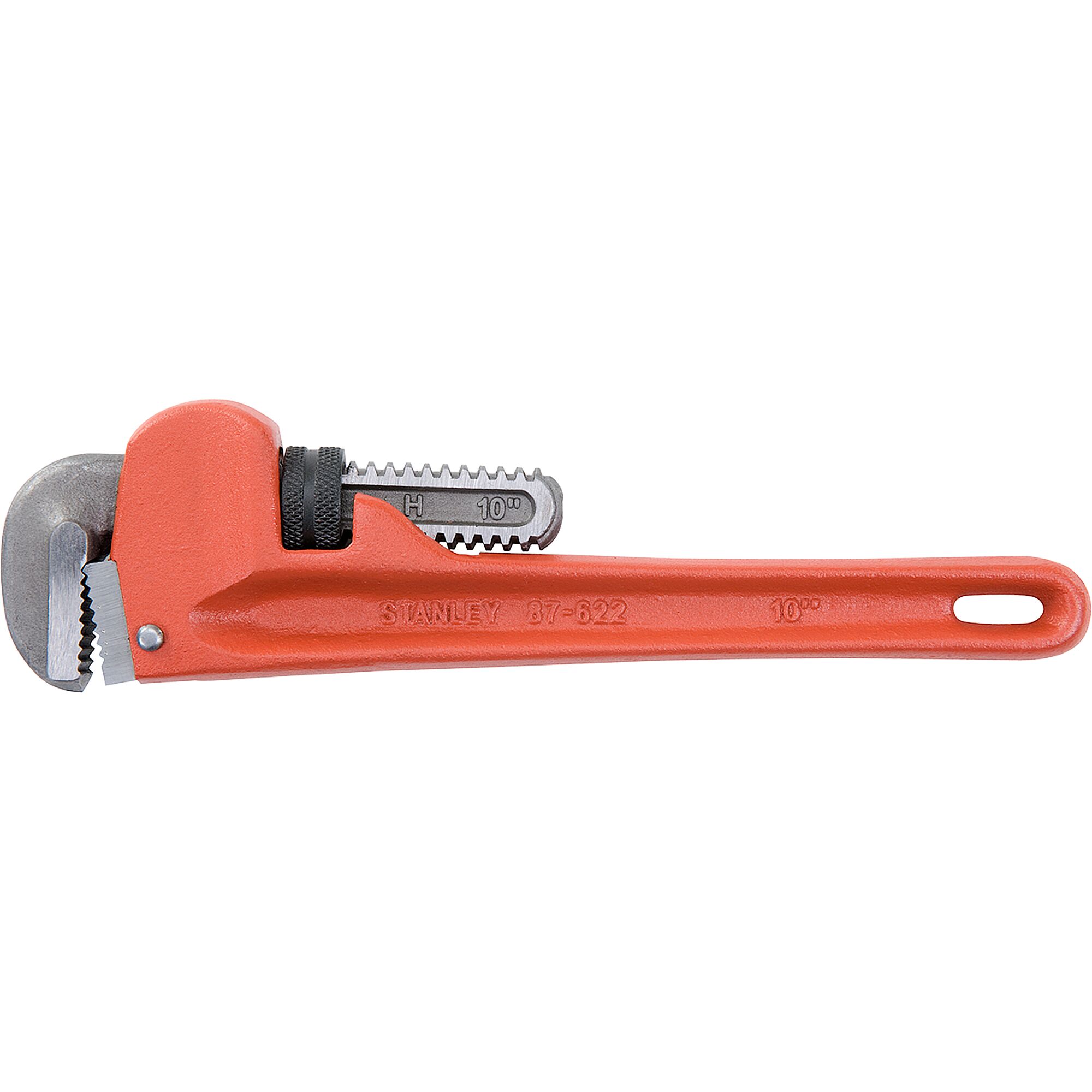 Stanley 10-inch pipe wrench side view with red handle and adjustable steel jaw on white background.