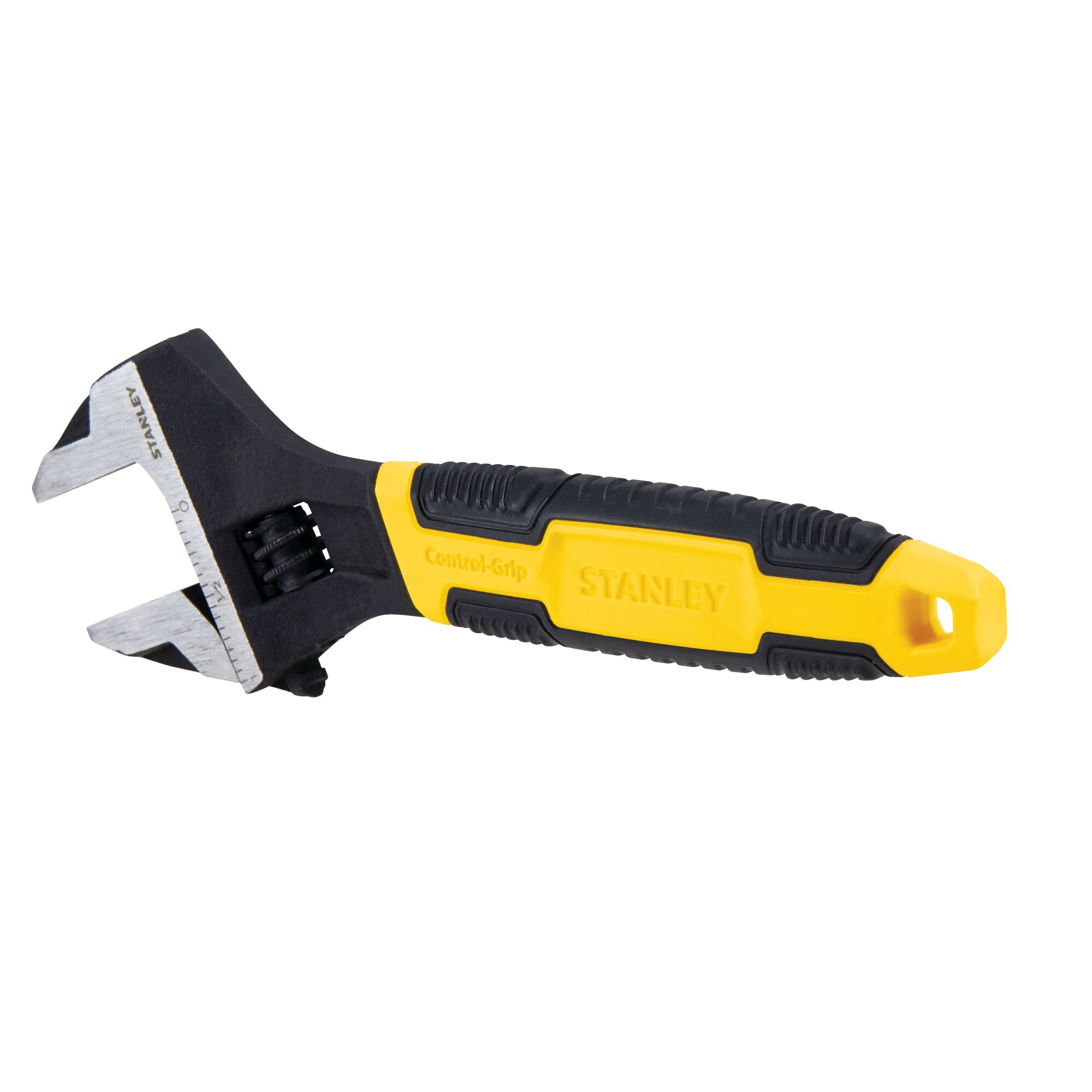 Stanley adjustable wrench with yellow and black Control-Grip handle, side angle on white background