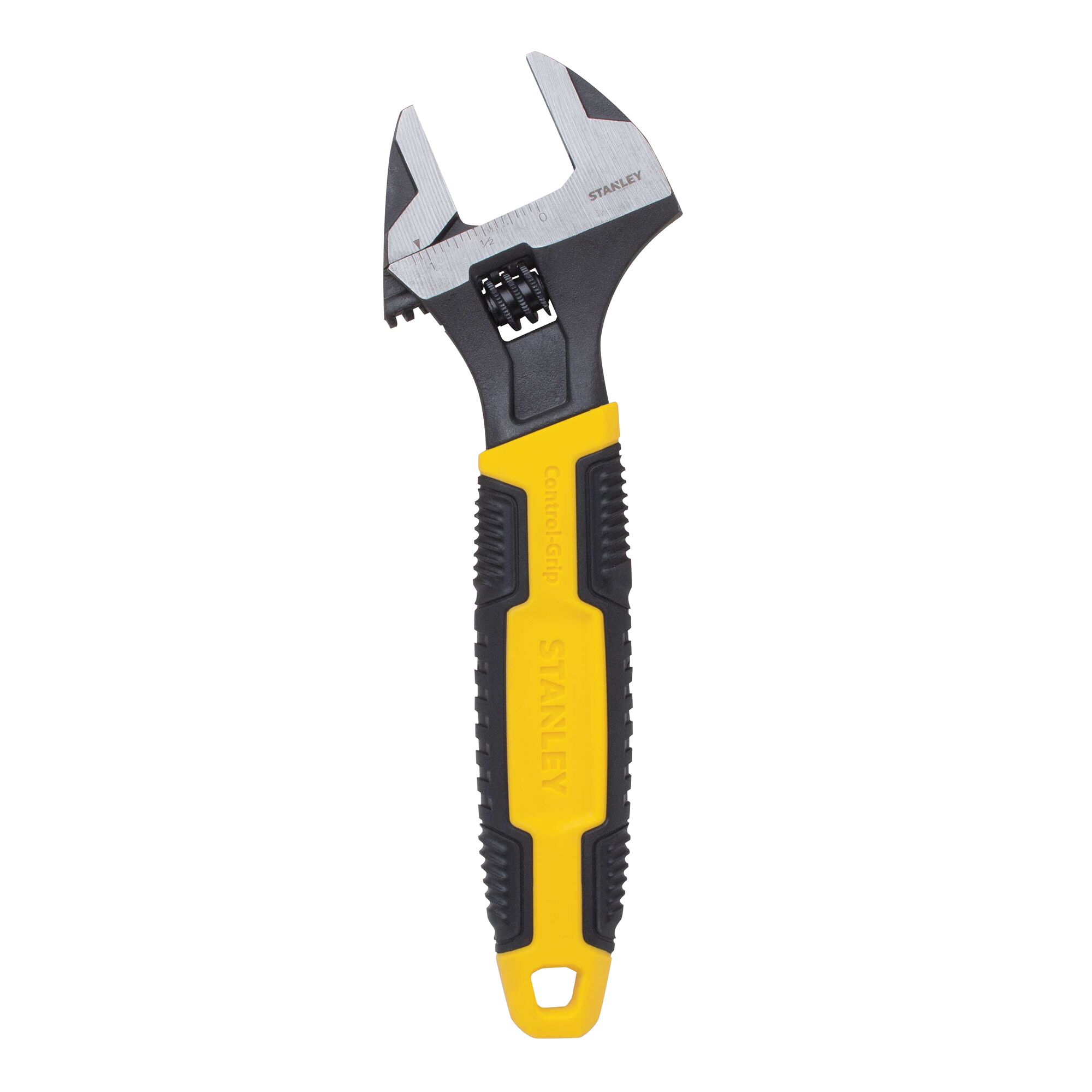 Stanley adjustable wrench, front view, yellow and black handle, metal jaw, on white background