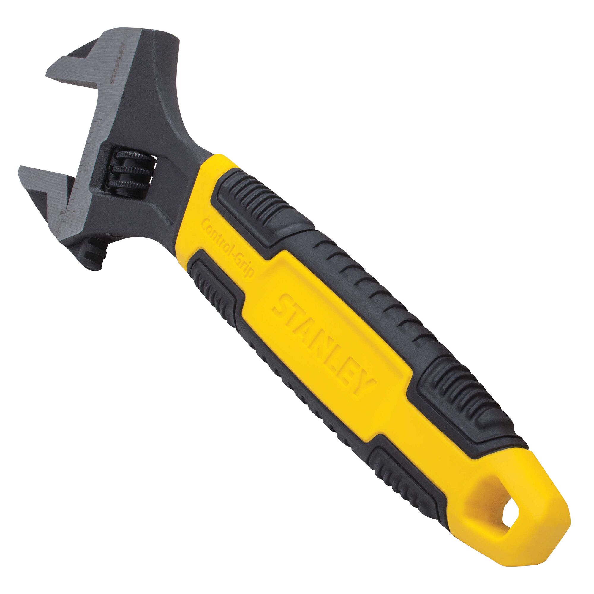 Stanley adjustable wrench with yellow and black control-grip handle, angled view on white background