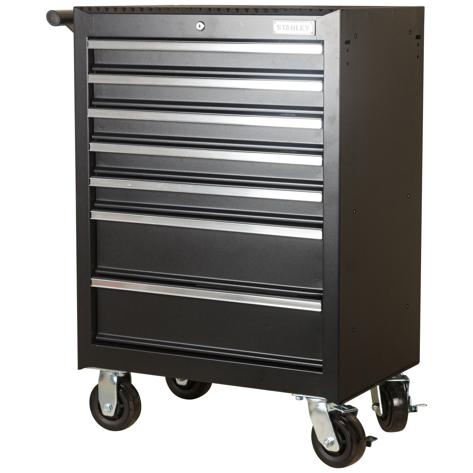 STANLEY SKU 93-547-23ID black rolling tool chest with seven drawers, front angle on white background.