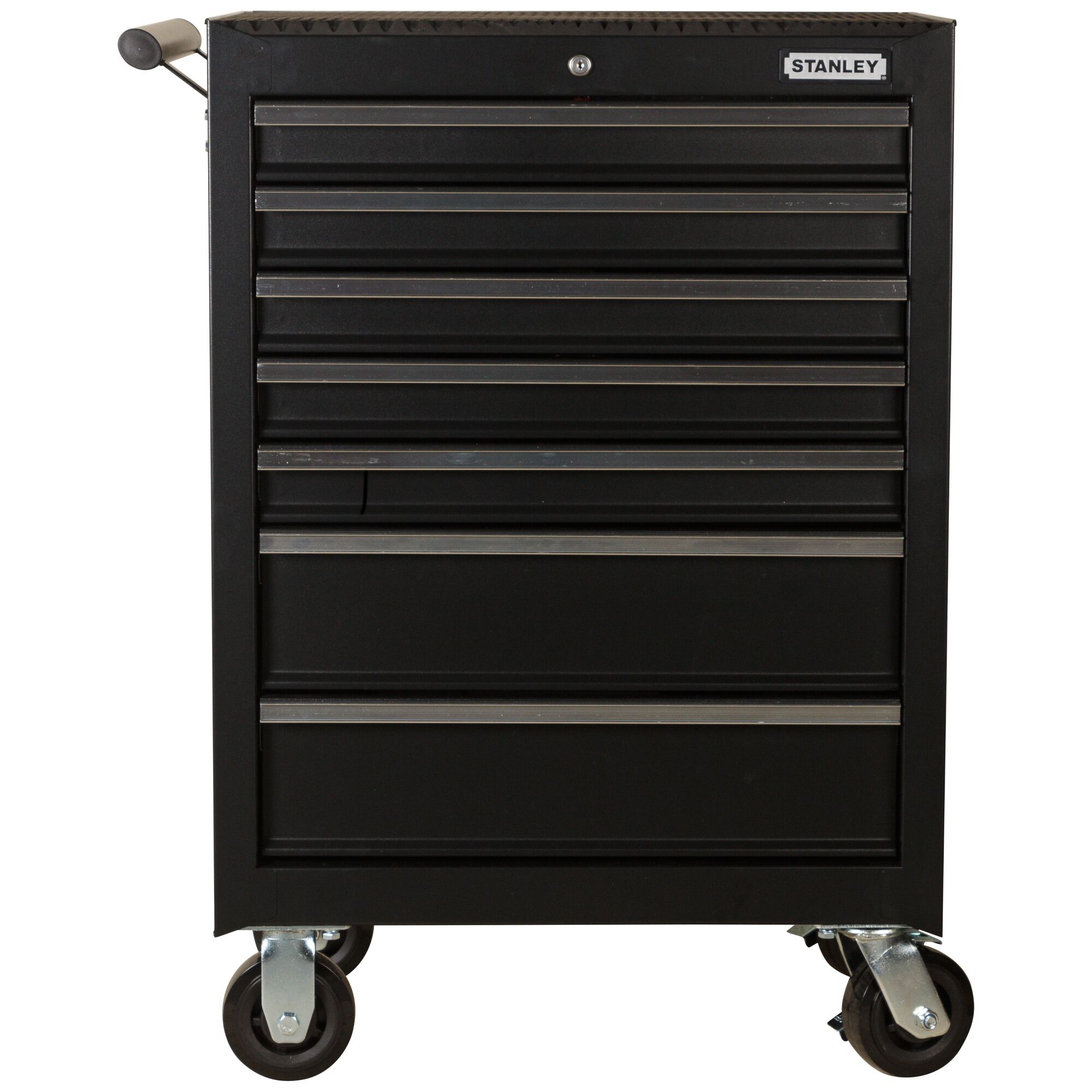 STANLEY 93-547-23ID black rolling tool cabinet with multiple drawers, front angle, white background.