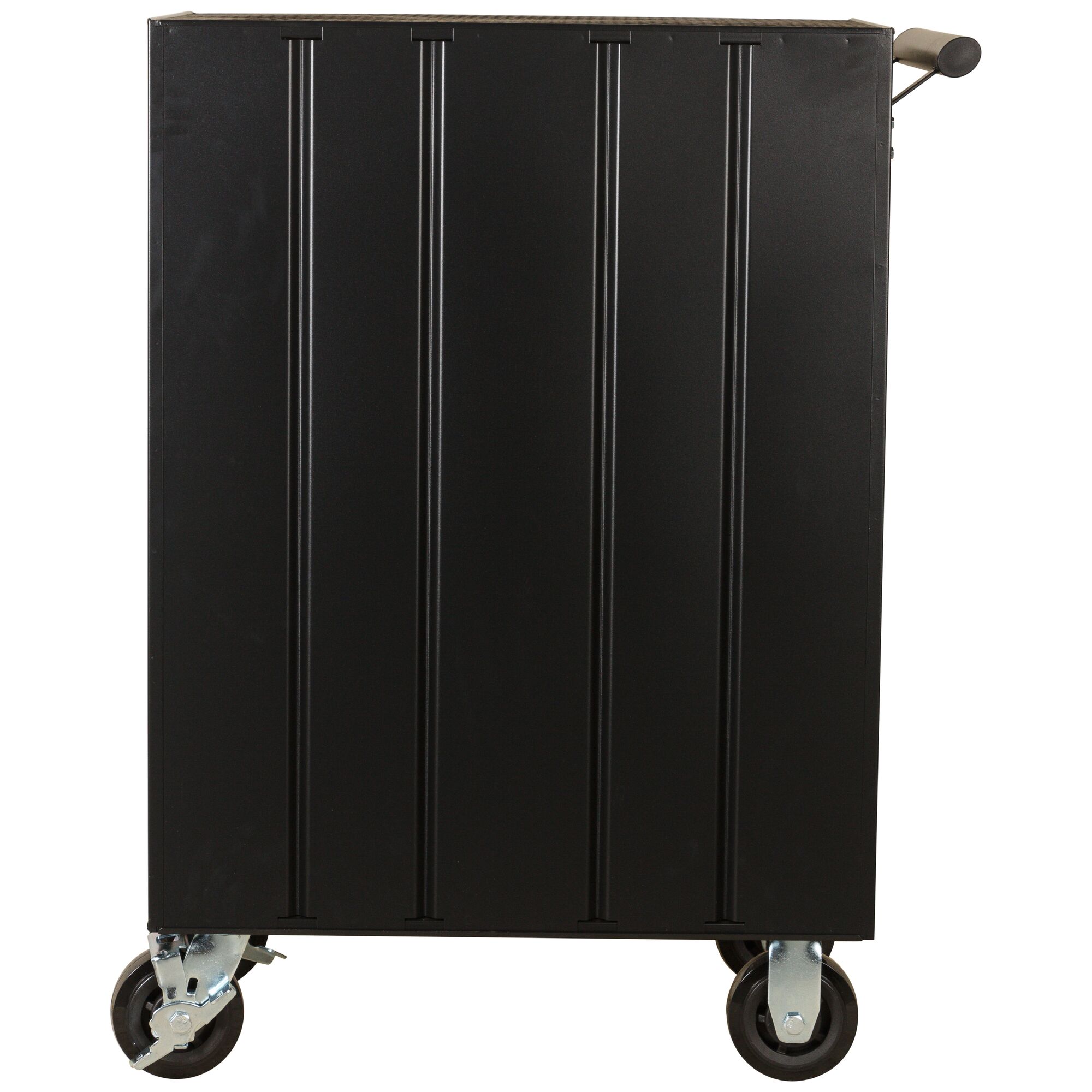 STANLEY 93-547-23ID black tool chest cabinet on wheels, side view, vertical grooves, with metal handle.
