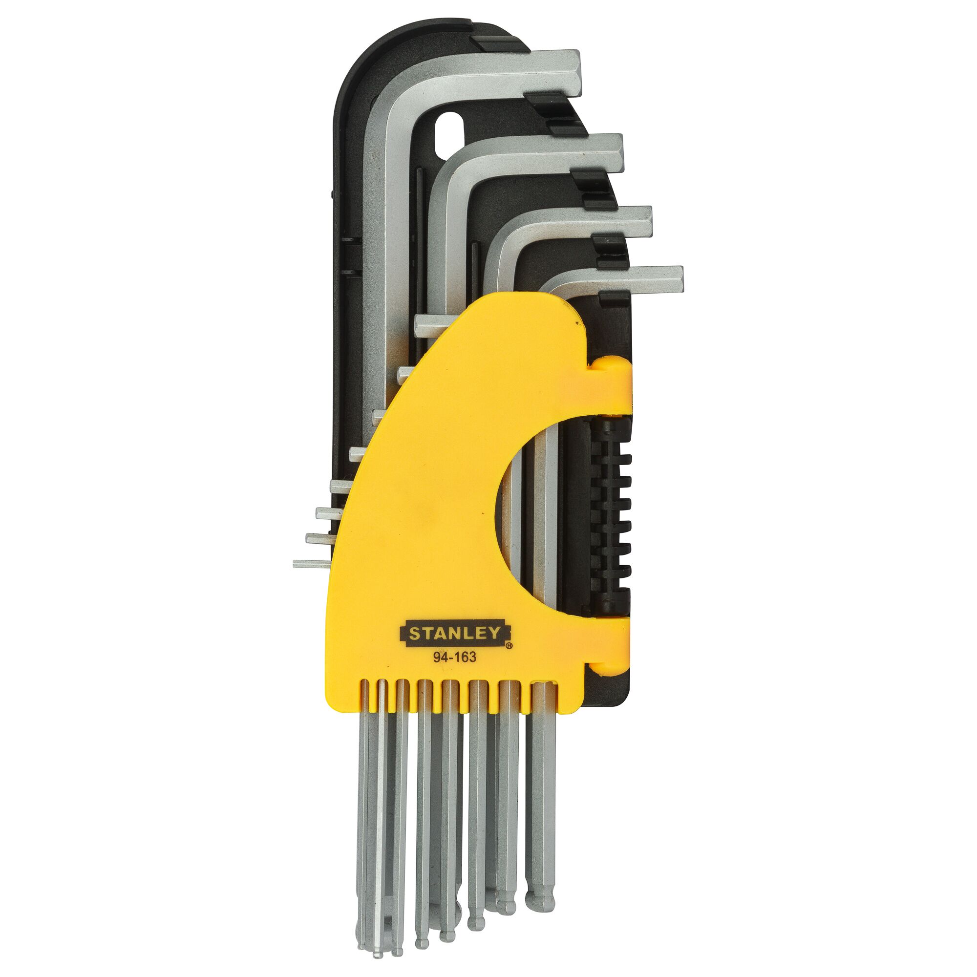 Stanley hex key set with multiple sizes, organized in a yellow plastic holder for easy storage.