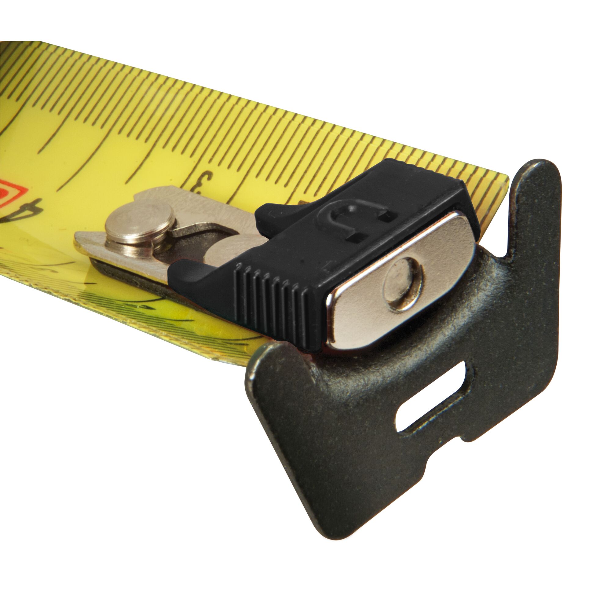 Close-up of the end hook and locking mechanism on a yellow Stanley measuring tape.