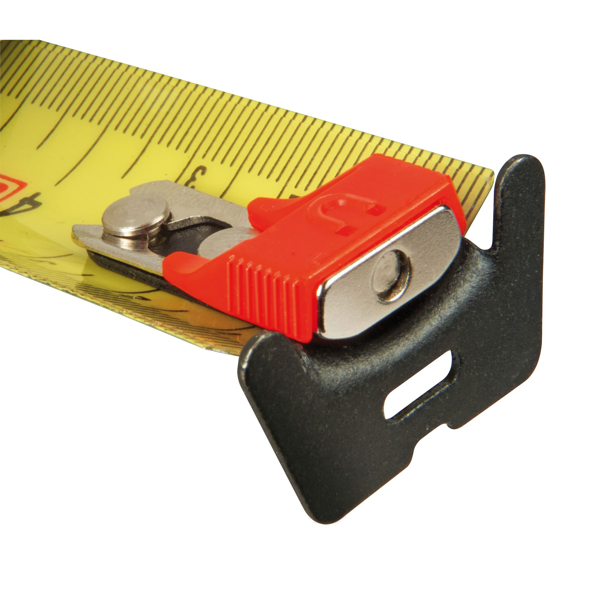 Close-up of a Stanley tape measure end with red and metal attachment and measurement markings.