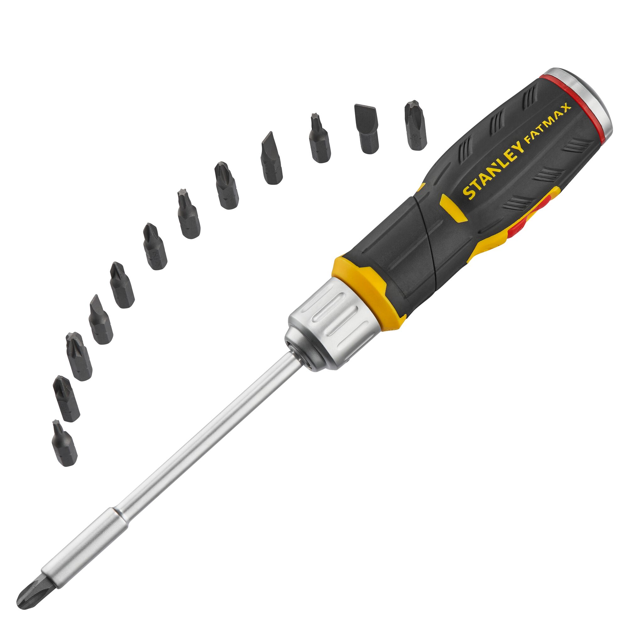 Stanley screwdriver with ergonomic handle and 12 interchangeable bits arranged in an arc on a white background.