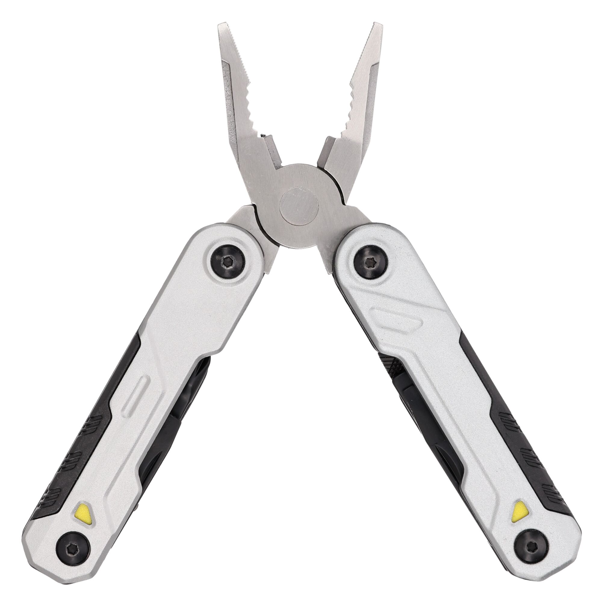 Silver and black multi-tool pliers with partially open handles and visible gripping teeth.