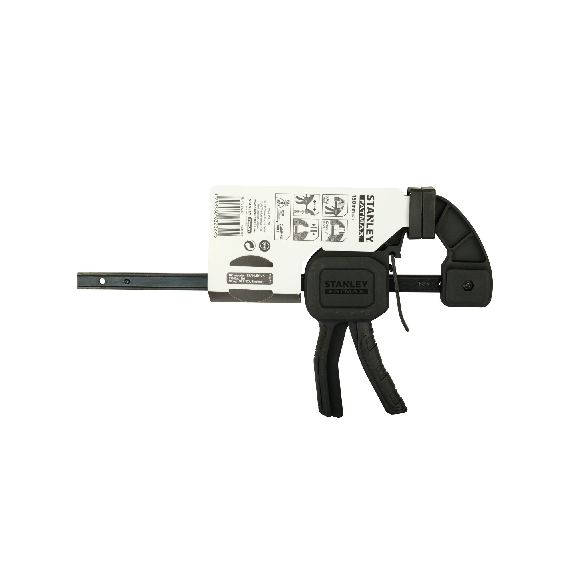Photo of STANLEY FMHT0-83232 bar clamp, black plastic and metal, left-side view, on white background.