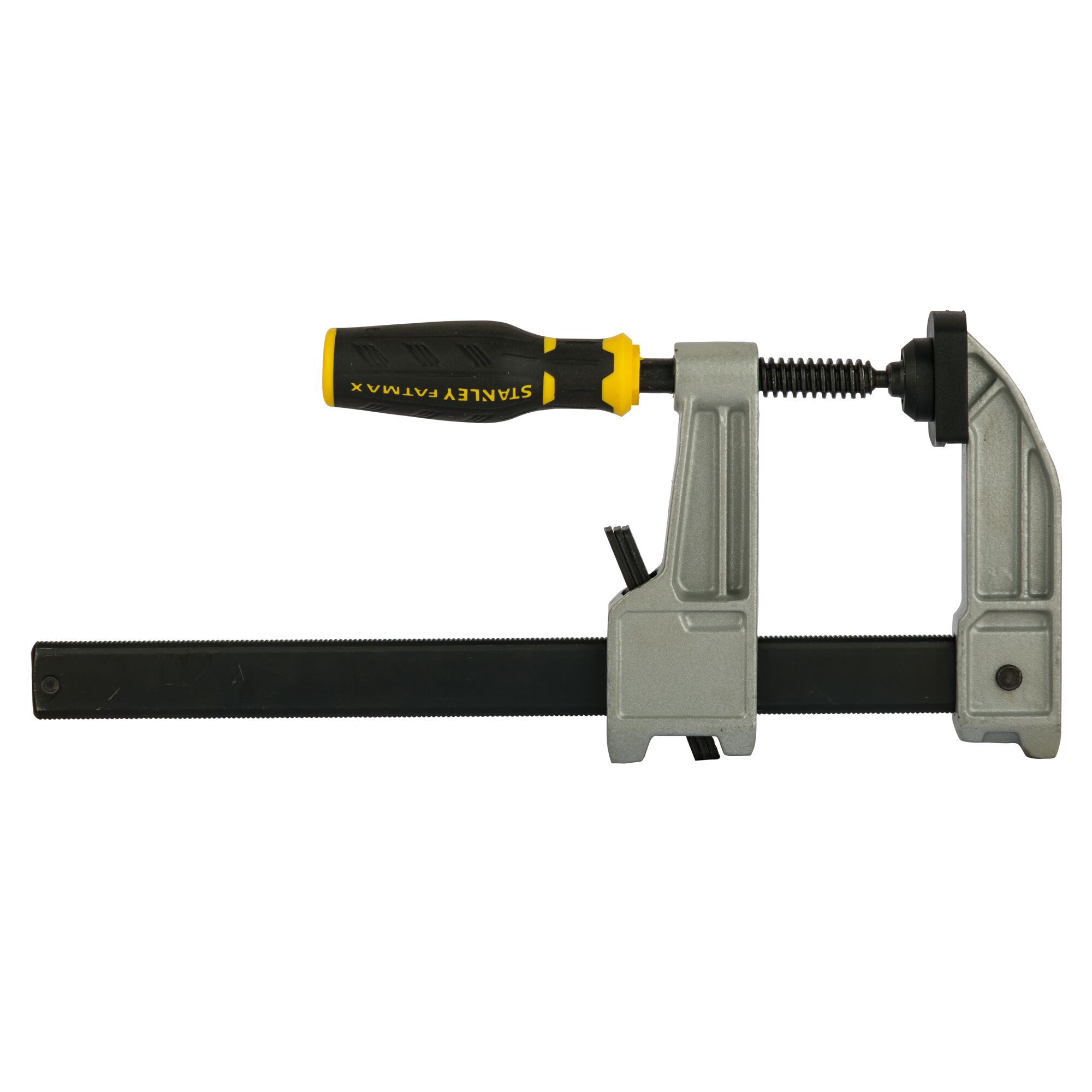 STANLEY FMHT0-83244 photography of a steel bar clamp with yellow and black handle, side angle on white background.