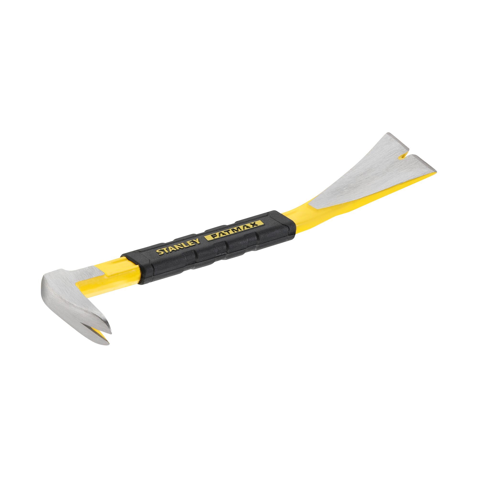 Photo of STANLEY FMHT1-55009 flat pry bar with yellow and black handle, metal ends, on white background.