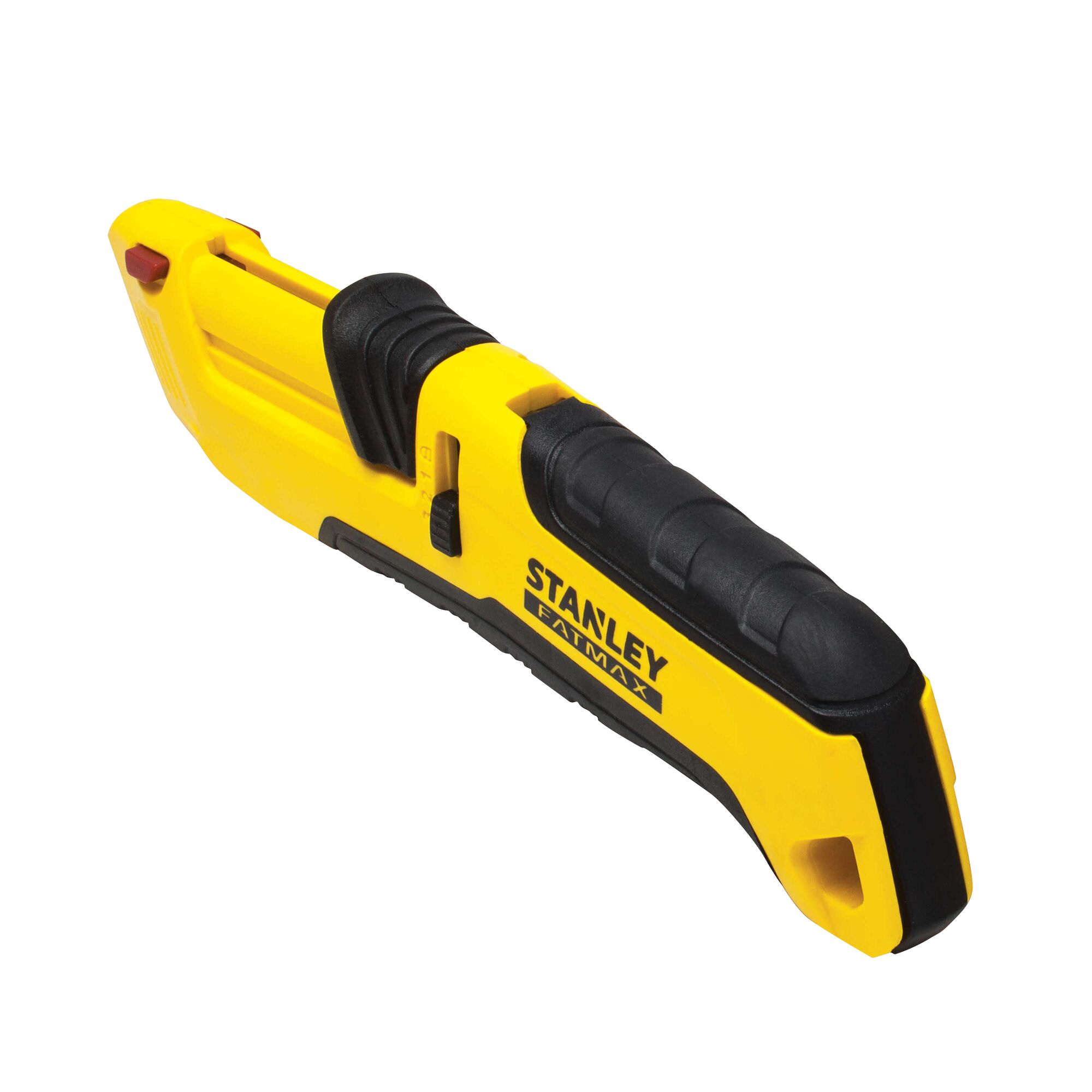 Photo of STANLEY FMHT10365-0 yellow and black safety utility knife, angled view on white background.