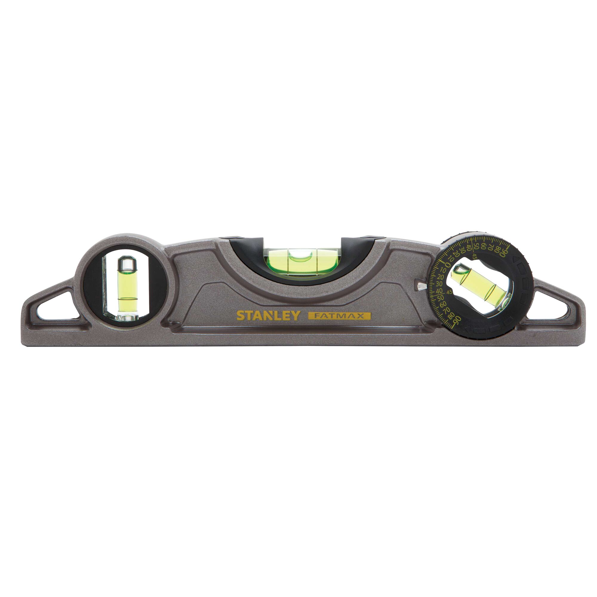 Stanley FatMax spirit level front angle, gray body with three yellow-green bubble vials and measurement marks