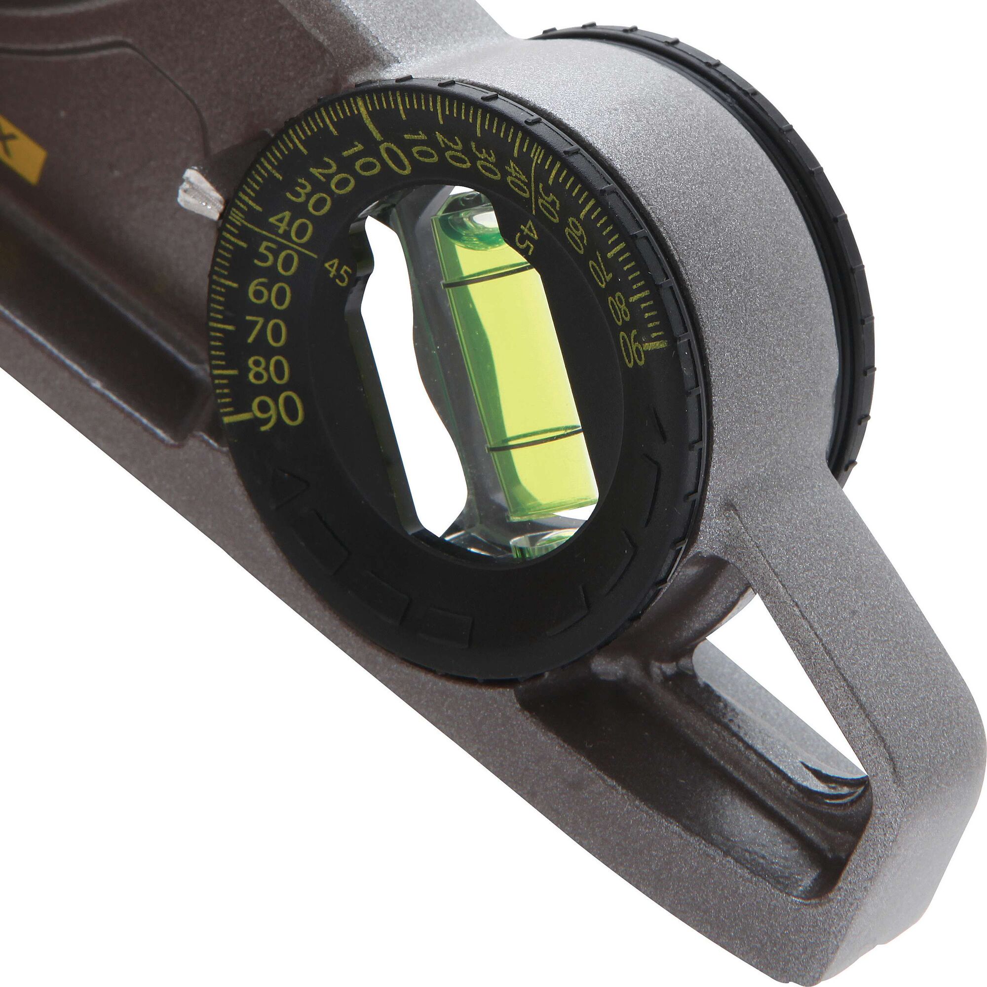 Stanley photography angle tool close-up with yellow degree markings and integrated bubble level