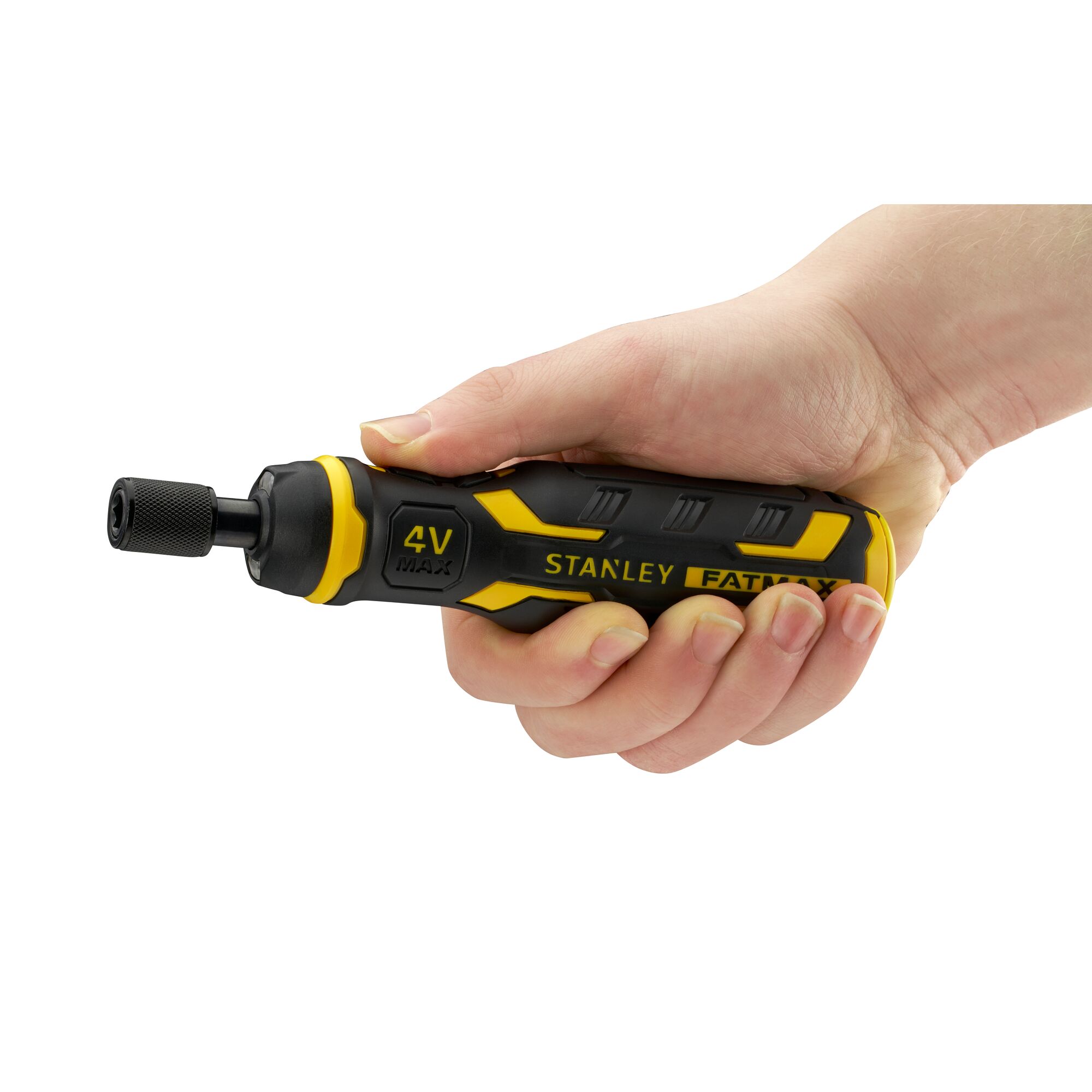 STANLEY FMHT66719-0 black and yellow cordless screwdriver held in hand, side angle, photography.