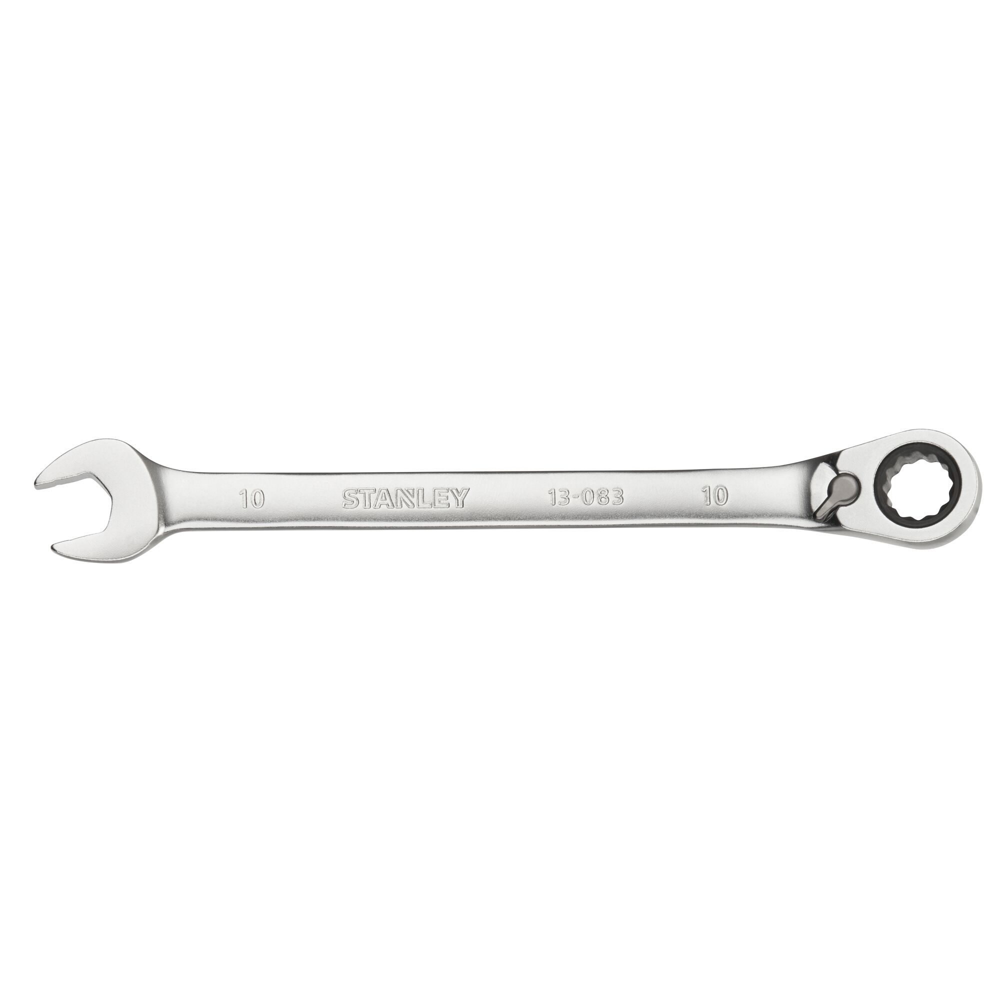 STANLEY FMMT13083-0 ratcheting combination wrench, silver, photography, side view on white background.