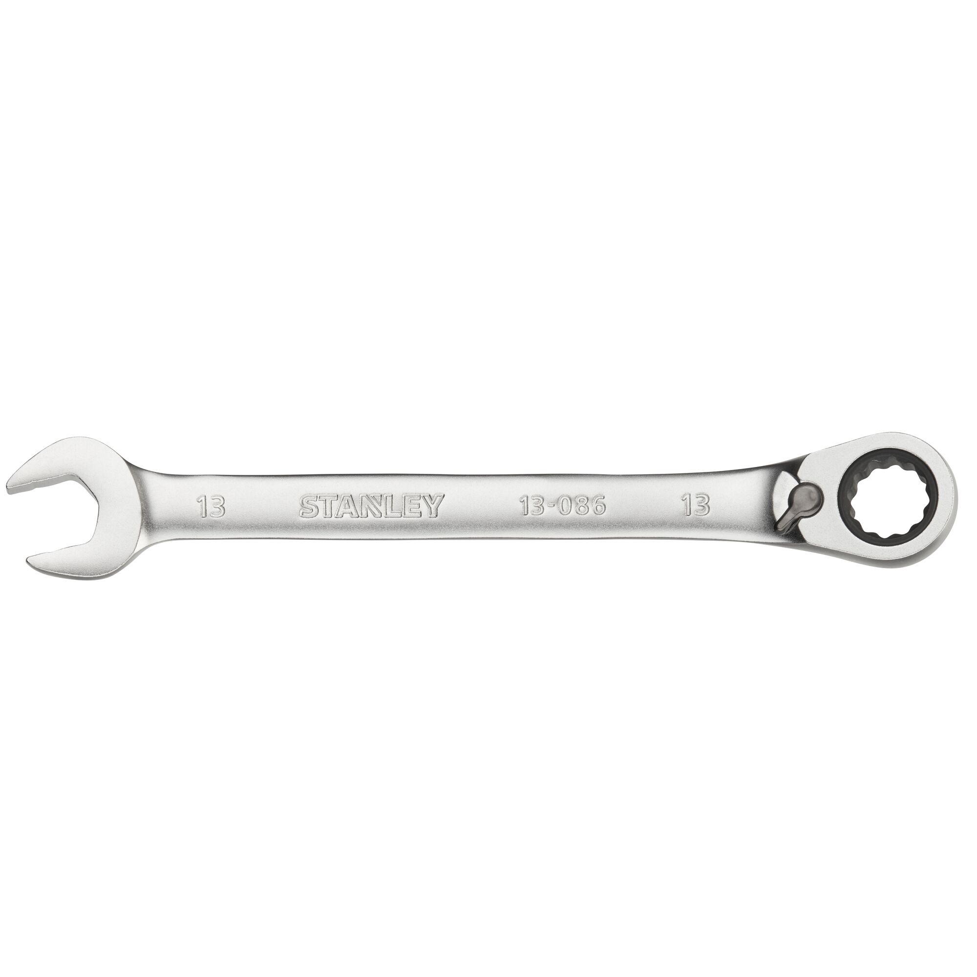 STANLEY FMMT13086-0 combination ratcheting wrench, silver, front angle, product photography