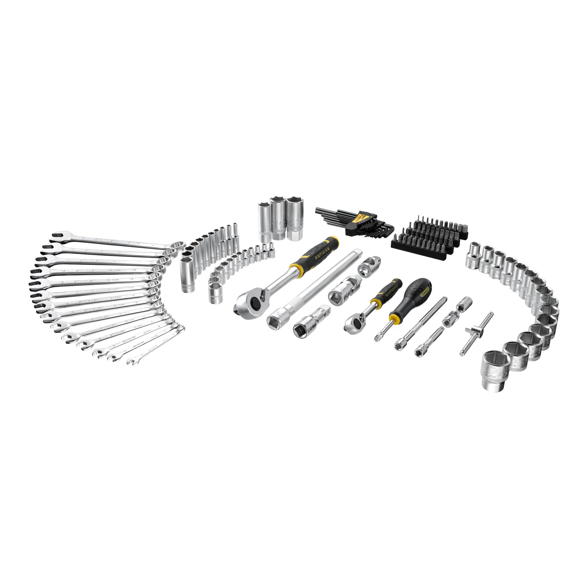 STANLEY FMMT98107-1 hand tool set with wrenches, sockets, ratchets, and screwdrivers, front angle.