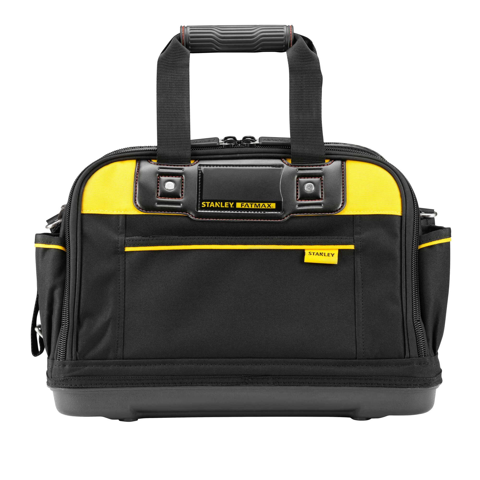 Stanley Fatmax black and yellow tool bag with handles and multiple pockets, designed for carrying tools.