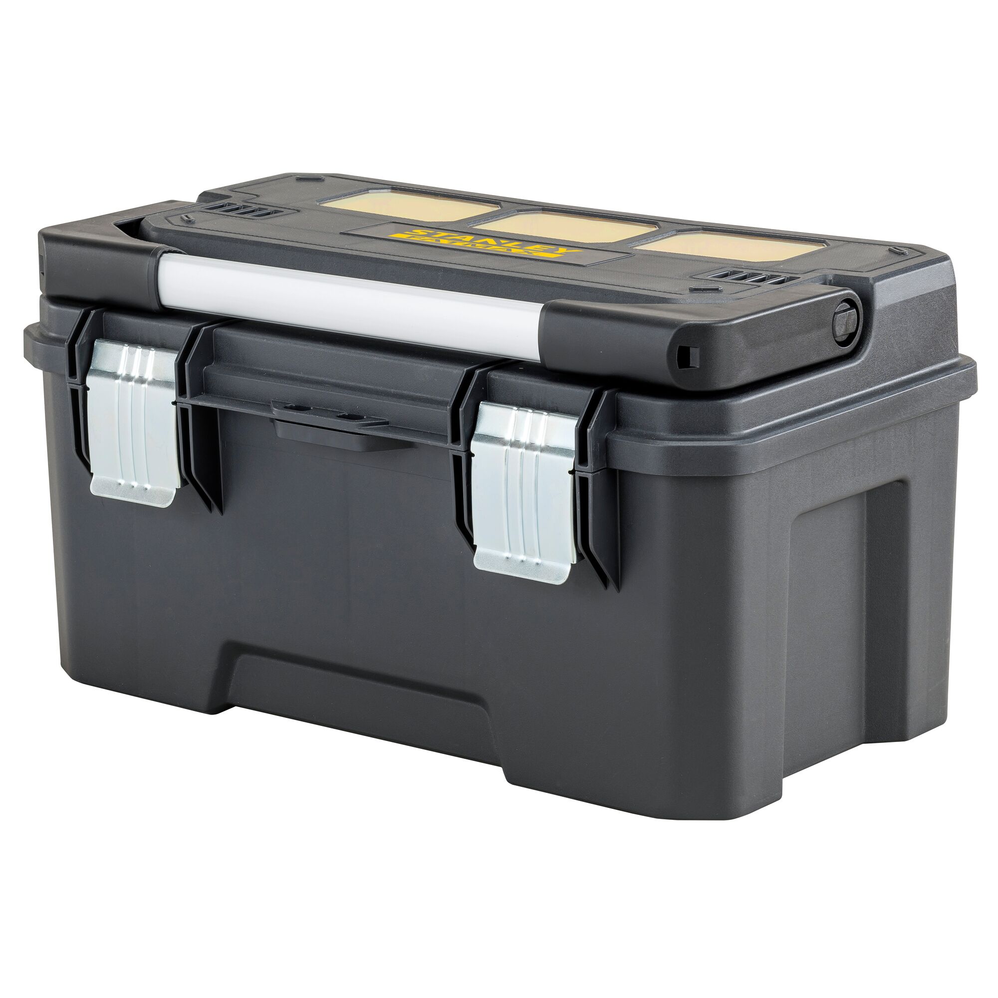 STANLEY FMST1-75792 black toolbox with metal latches and transparent compartments, front angle photo.