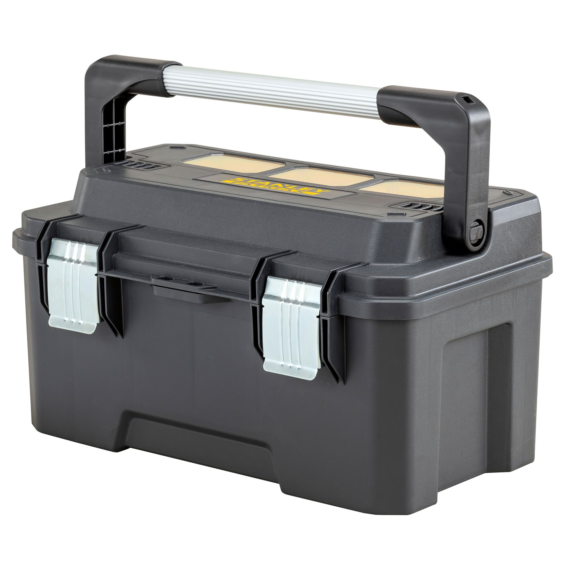 STANLEY FMST1-75792 toolbox with metal latches and black plastic body, photographed at an angle on white background.