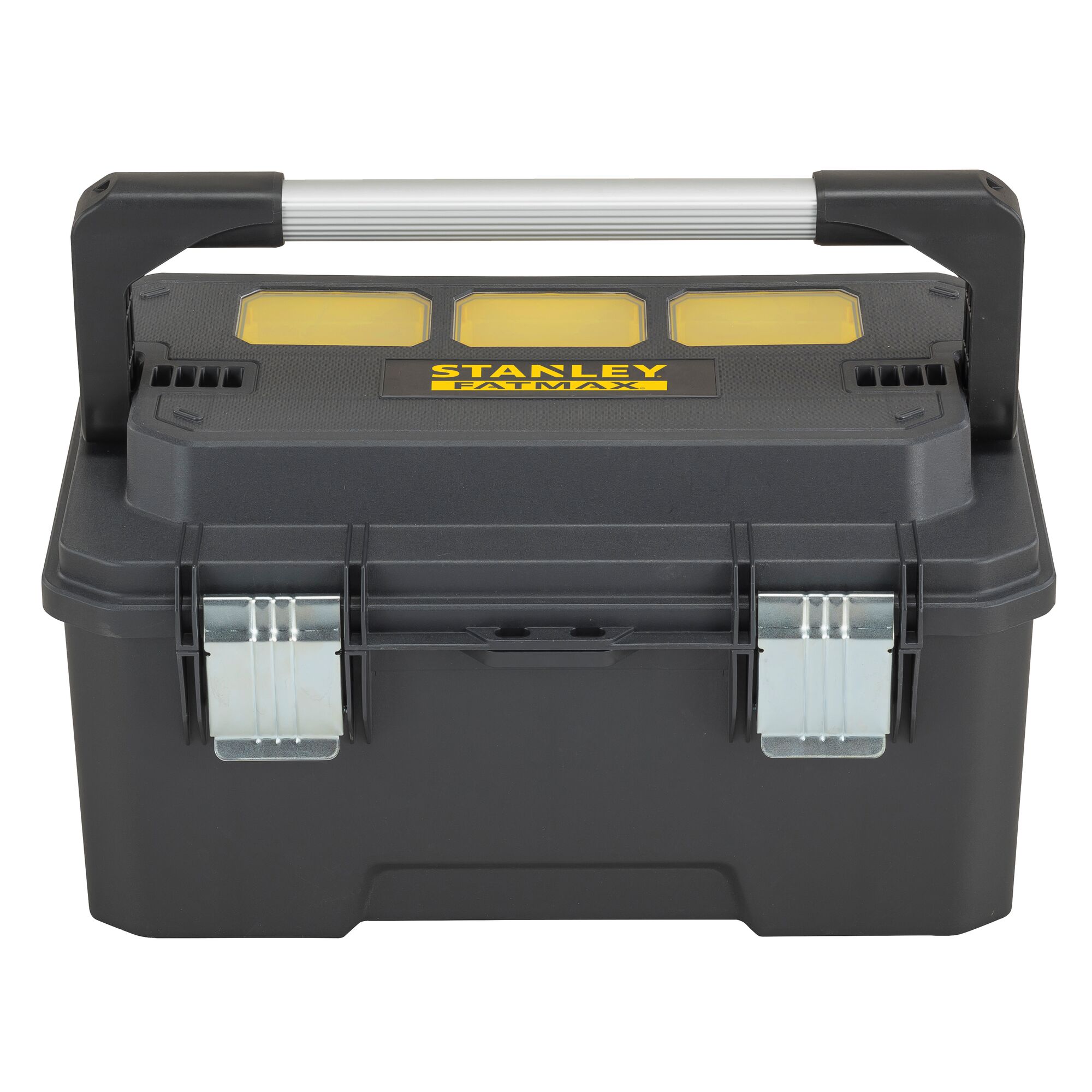 STANLEY FMST1-75792 black tool box with silver handle, yellow compartments, front studio angle.