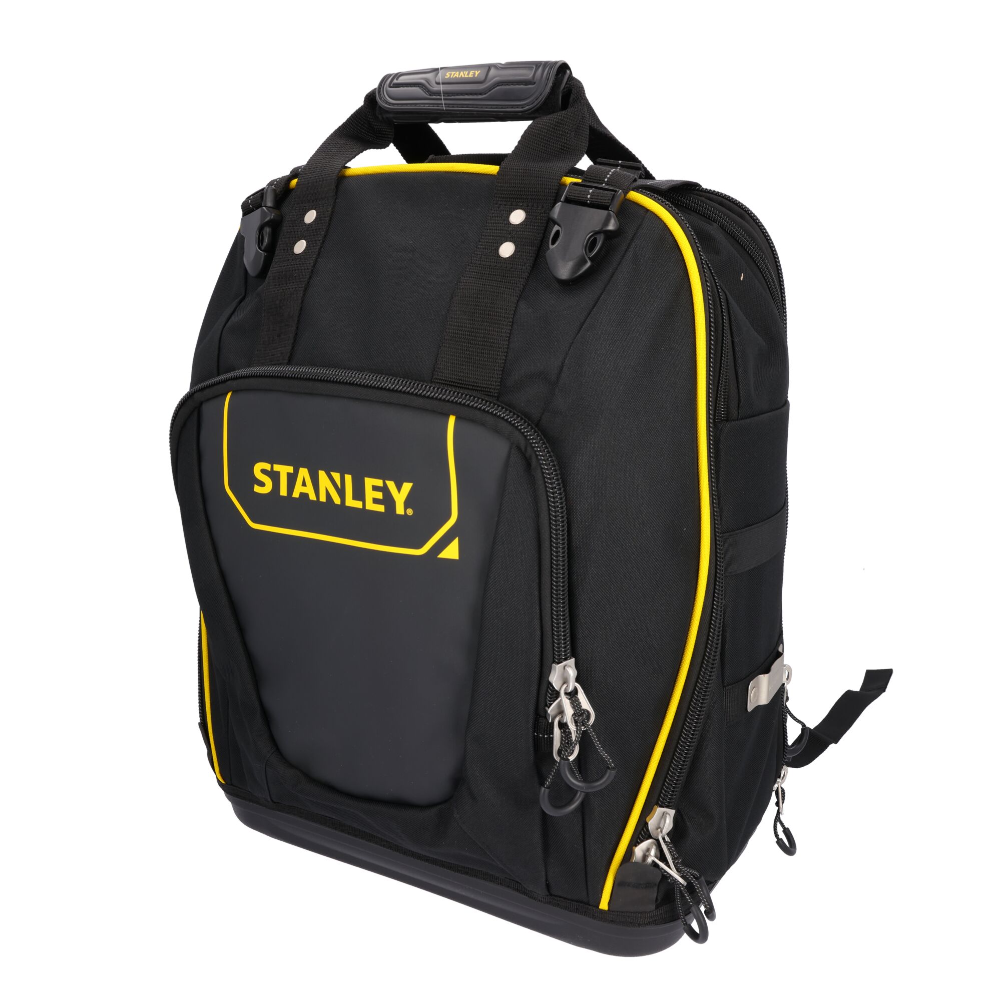 STANLEY FMST1-80144 black and yellow tool backpack, front angle, zippered pockets, sturdy handle.