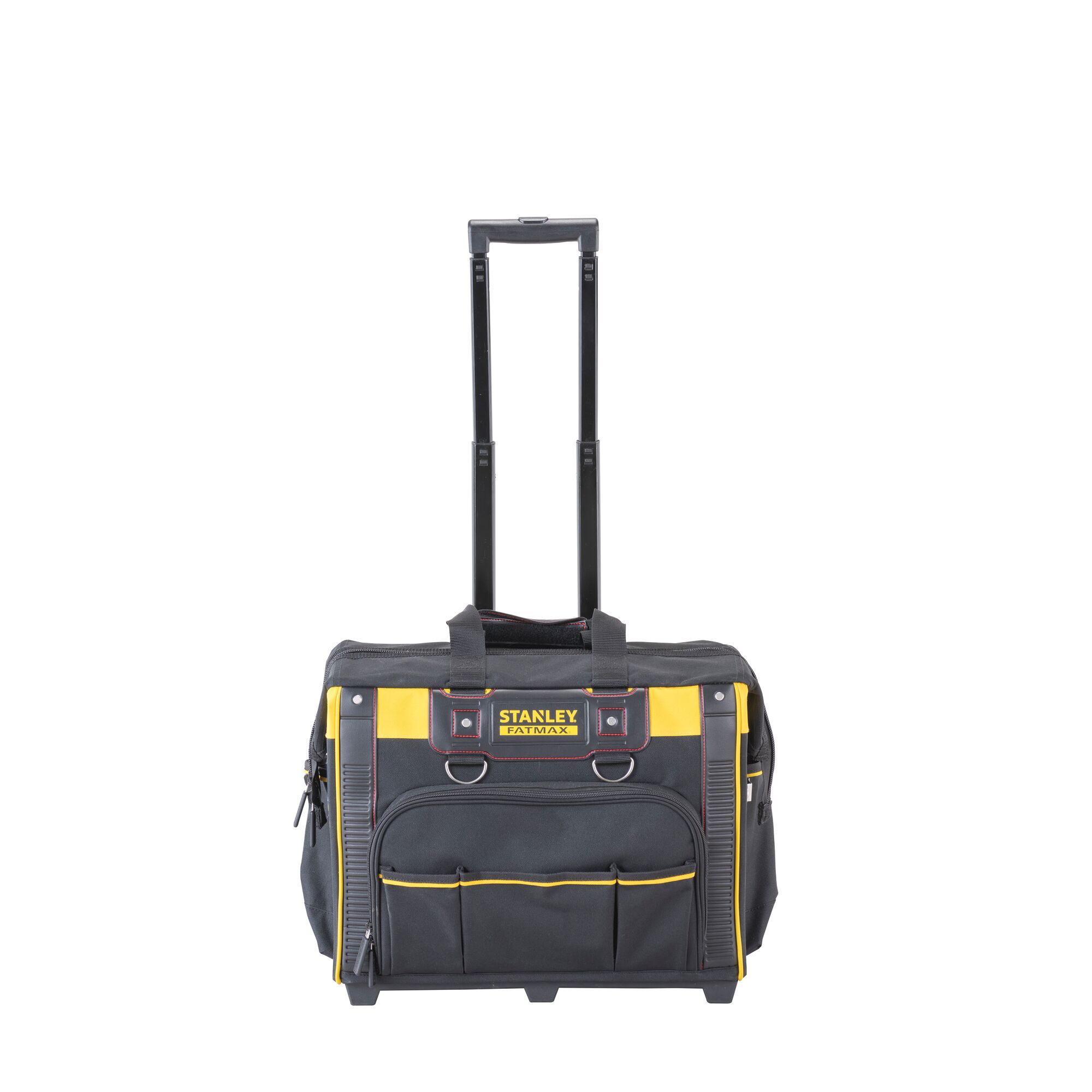STANLEY FMST1-80148 tool bag with wheels and telescopic handle, black and yellow, front view on white background.