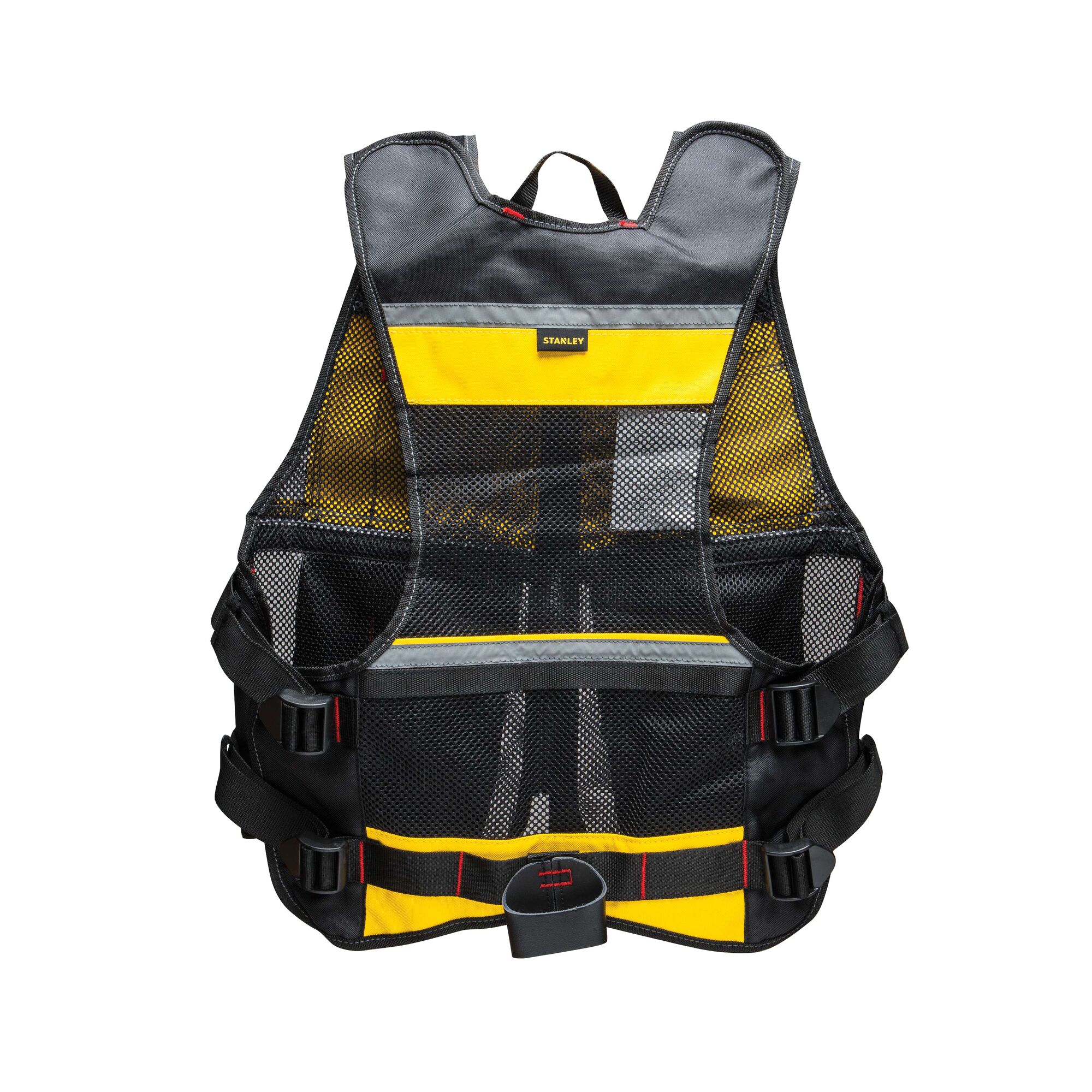 STANLEY FMST530201 mesh tool vest with yellow and black design, adjustable straps, front view on white background.