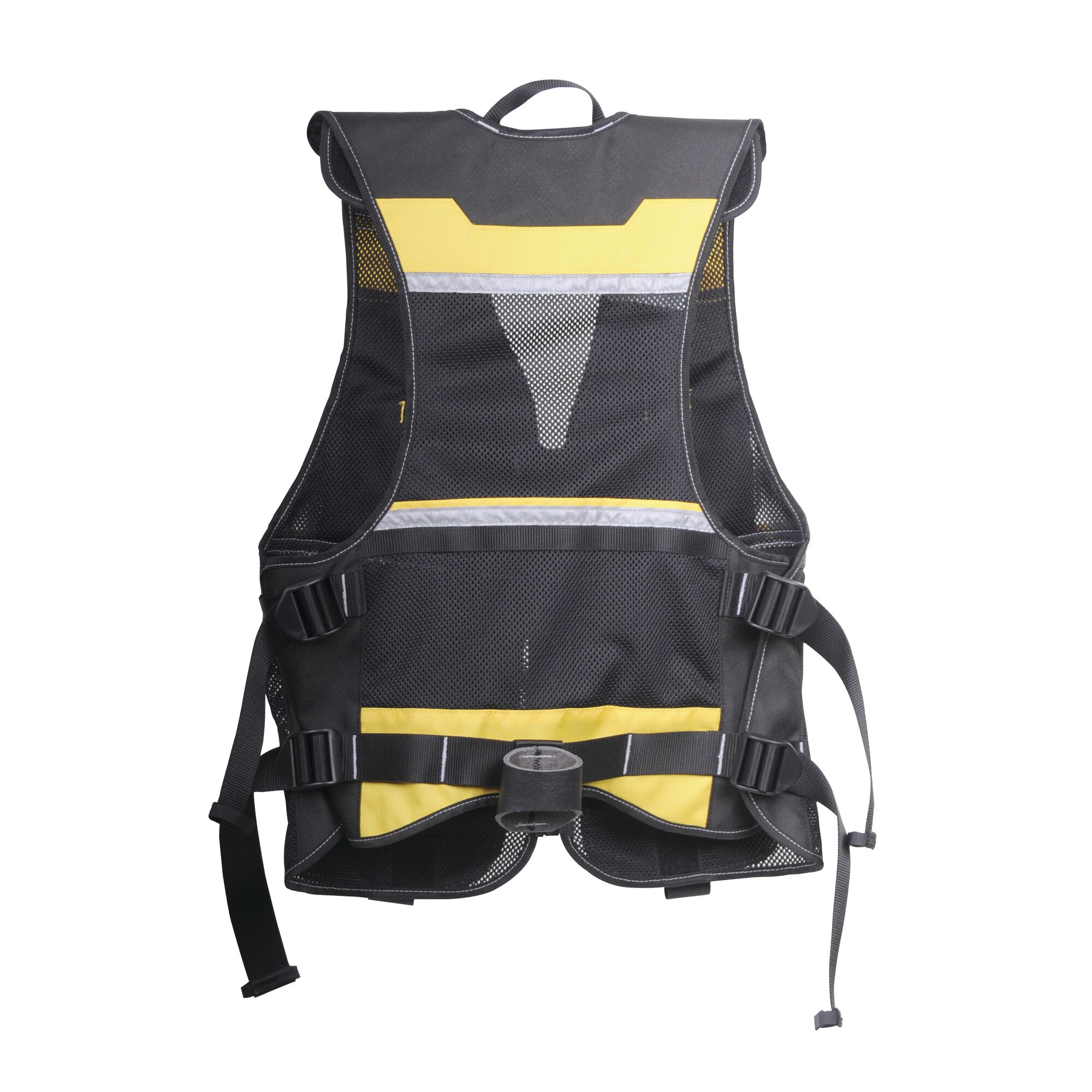 STANLEY FMST530201 mesh work vest, black and yellow, rear angle on white background.