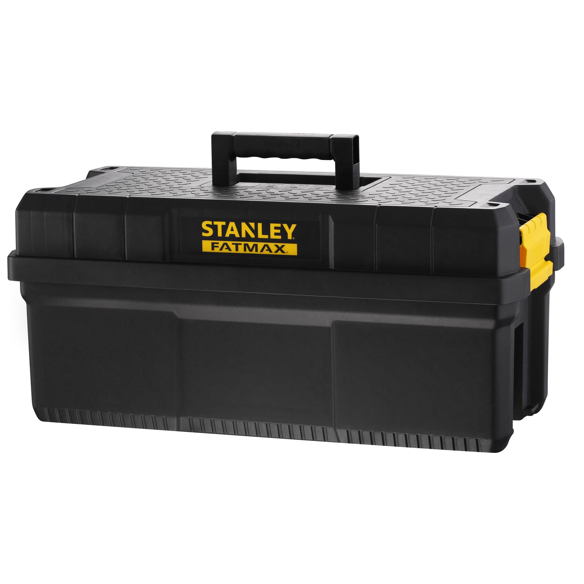 Stanley FMST81083-1 black plastic toolbox with handle, yellow latches, front angle, on white background.