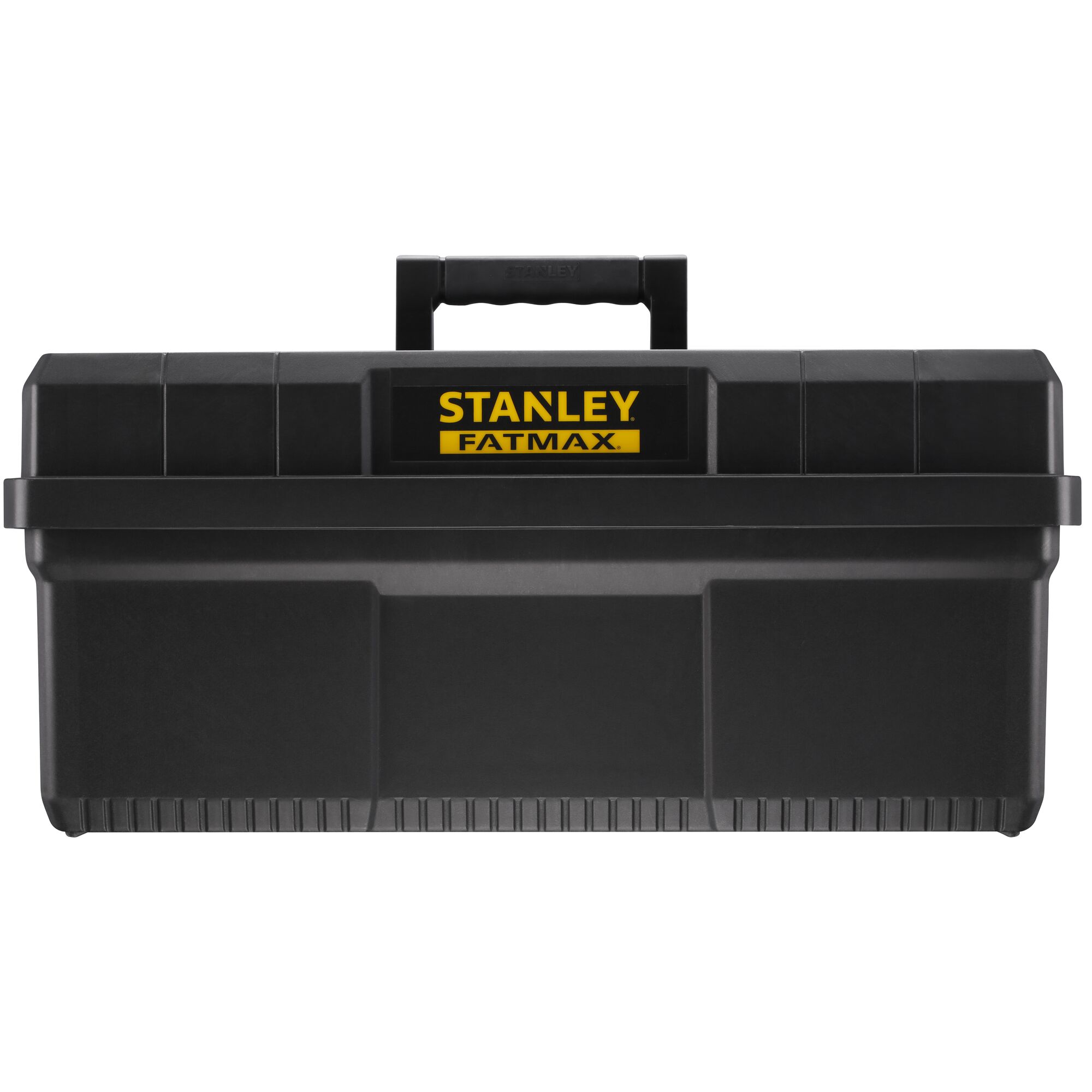 Stanley FatMax black toolbox with handle, shown closed, durable design for storing tools.